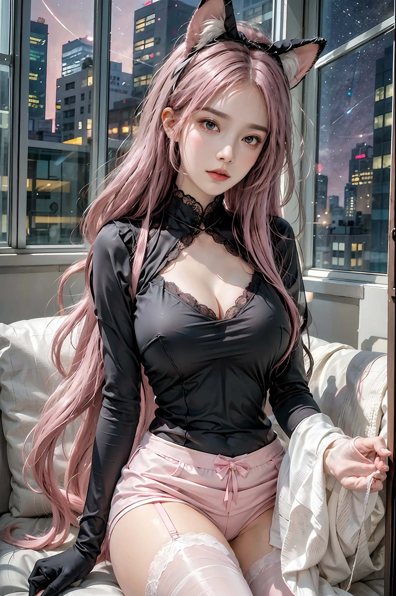 soft lighting, 1woman, solo, sitting, (starry sky, night, city),(pink legwear:1.2),thigh highs,pink garter,(huge_breasts:1.4), fox ears, (subsurface scattering), long hair, pink leotard,highleg leotard, frilled leotard, pink trim,black sofa, messy hair, pink hair, elbow gloves, transparent clothing, window, bookshelf, lace neck garter,white bows,pink ribbons