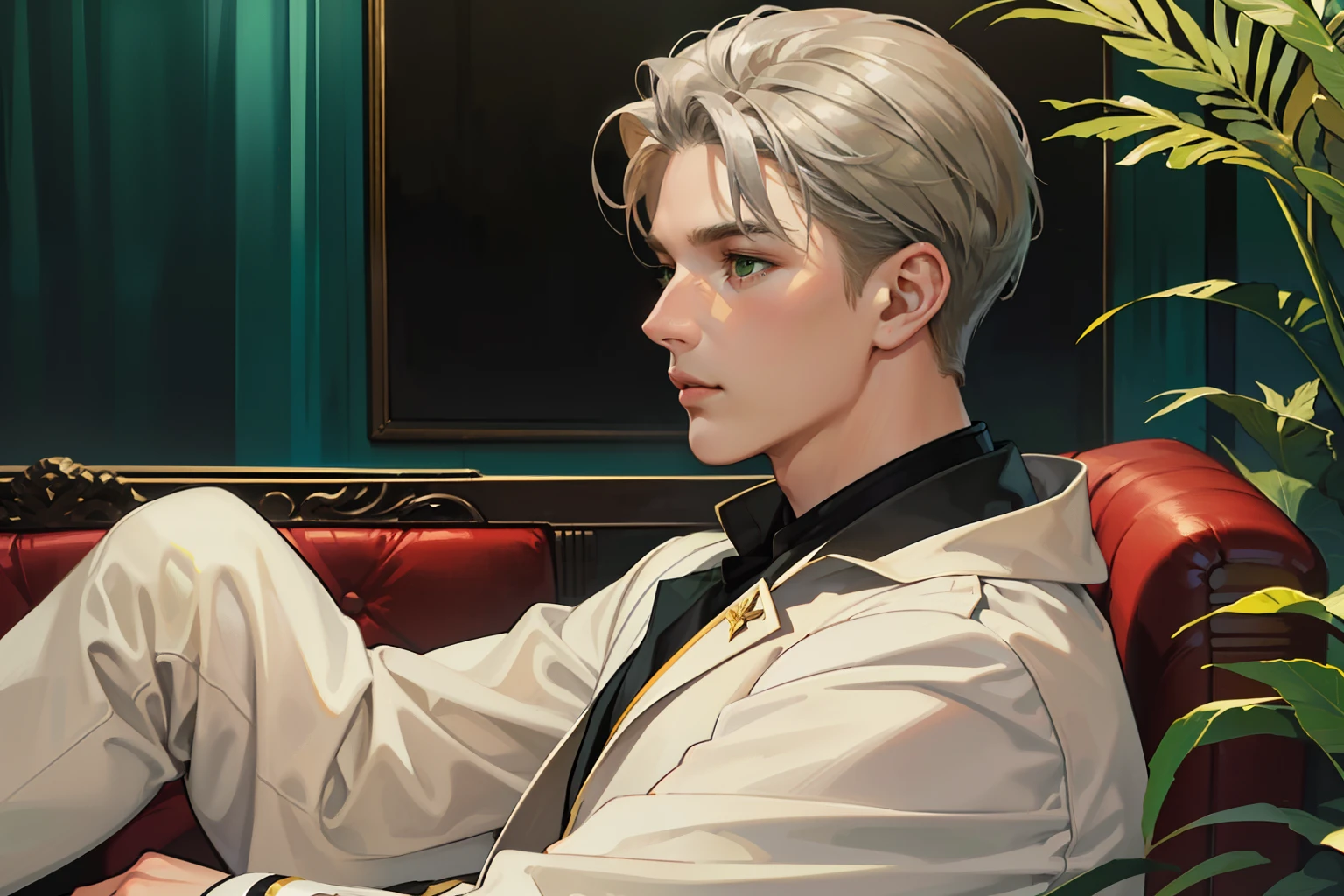 masterpiece, best quality, realistic, 1man, mature male, quiet and charming young man, 18 years old, Assad, closed mouth, portrait, extremely detailed face, a little distant, ((dark green eyes)), ((short-side-swept sandy blonde hair)), [thick eyebrows], sit, ((Silver suit))