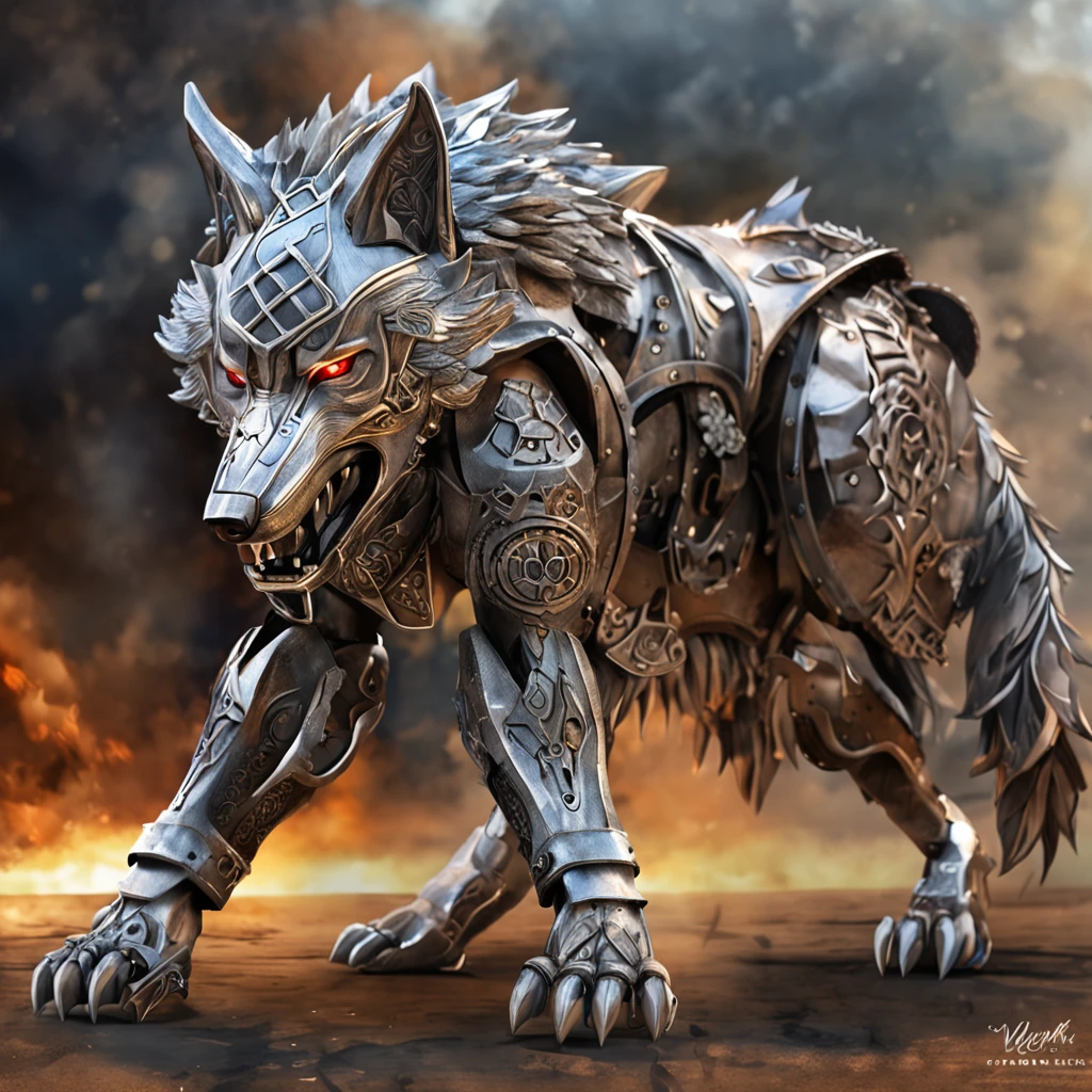 maximum quality, Dramatic lighting, menacing pose, fierce expression, epic atmosphere, (((wolf head shaped helmet))), (((full body shot))),a wolf made out of metal, cyborg, cyberpunk style, clockwork, ((intricate details)), hdr, ((intricate details, hyperdetailed)), incandescent lamps, cinematic shot, vignette, bokeh effect beckground, (canines), (full body shot).