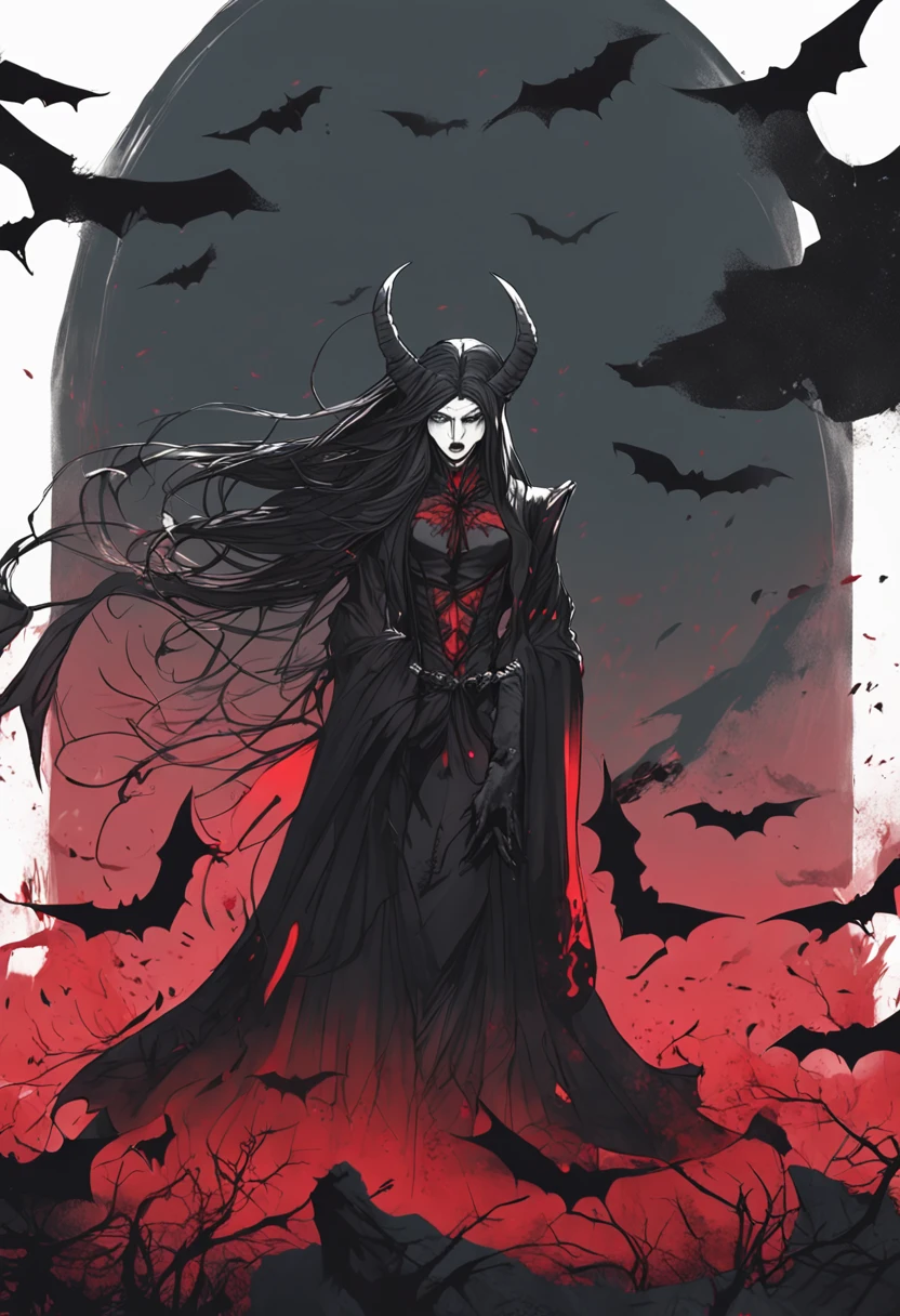 On a night shrouded by a full moon, a male vampire angry of ancient nobility emerges from the darkness. With sharp canines, piercing red eyes and diaphanous skin, his thick black hair is in disarray as mysterious light illuminates it. She wears a long black coat with frayed ends, billowing in the wind in a sinister dance. In a dramatic pose, she smiles mischievously, ((revealing drops of blood dripping from her sharp teeth)). Her claw-like nails are sharp and cutting. In the background stands the silhouette of a majestic castle, while dark bats swirl in the air. The eerie red moon lights up the stormy sky, illuminated by intense lightning that rips through the ominous clouds. Rough seas crash on the coast, while a mysterious fog shrouds a nearby cemetery. The vampire's deep, eerie gaze seems to peer into the soul of anyone who observes him. His figure itself seems ethereal and transparent, eluding reality itself. Every detail is vivid and sharp, creating an aura of beauty at once eerie and fascinating. A mysterious attraction pervades the entire scene, capturing the eye and the imagination