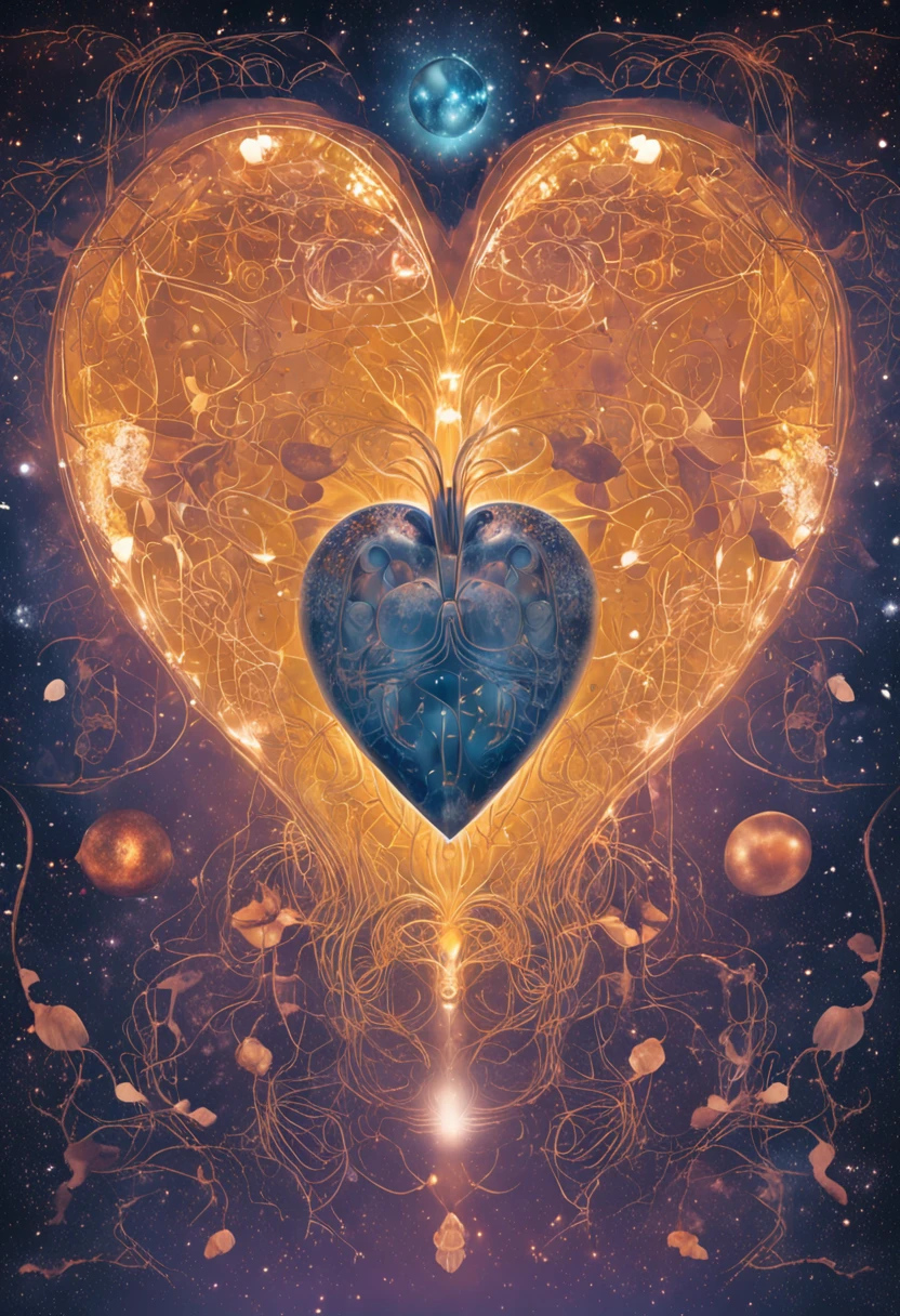 "Por favor, Create an image that represents the fusion of the human heart with the supernatural realm and the vast universe.
Imagine an ethereal and mysterious scenario. No centro da imagem, A human heart shines with a soft, sparkling light. The heart seems to be floating in a translucent mist, evoking a sense of mystery and transcendence.
From the heart, emanates a series of projections, each representing a unique aspect. Some projections take the form of elements of nature, like branches of trees, flower petals or dancing flames, evoking a deep connection to the natural realm.
Other projections extend into outer space, turning into bright constellations, distant galaxies or rays of shooting stars. These cosmic projections symbolize the expansion of human emotion beyond the limits of the Earth, conectando-se ao vasto universo.
A paleta de cores inclui tons de azul celeste, violeta profundo e dourado, Creating a magical and spiritual atmosphere. The soft light emanating from the heart and projections contributes to a sense of peace and awe.
The resulting image captures the idea of a human heart that transcends earthly boundaries, Exploring the Supernatural and Cosmic Realms. This fusion of the human and the divine creates a visual narrative that evokes the search for the deepest emotional connection and the expansion of one's own essence into the vast universe."
