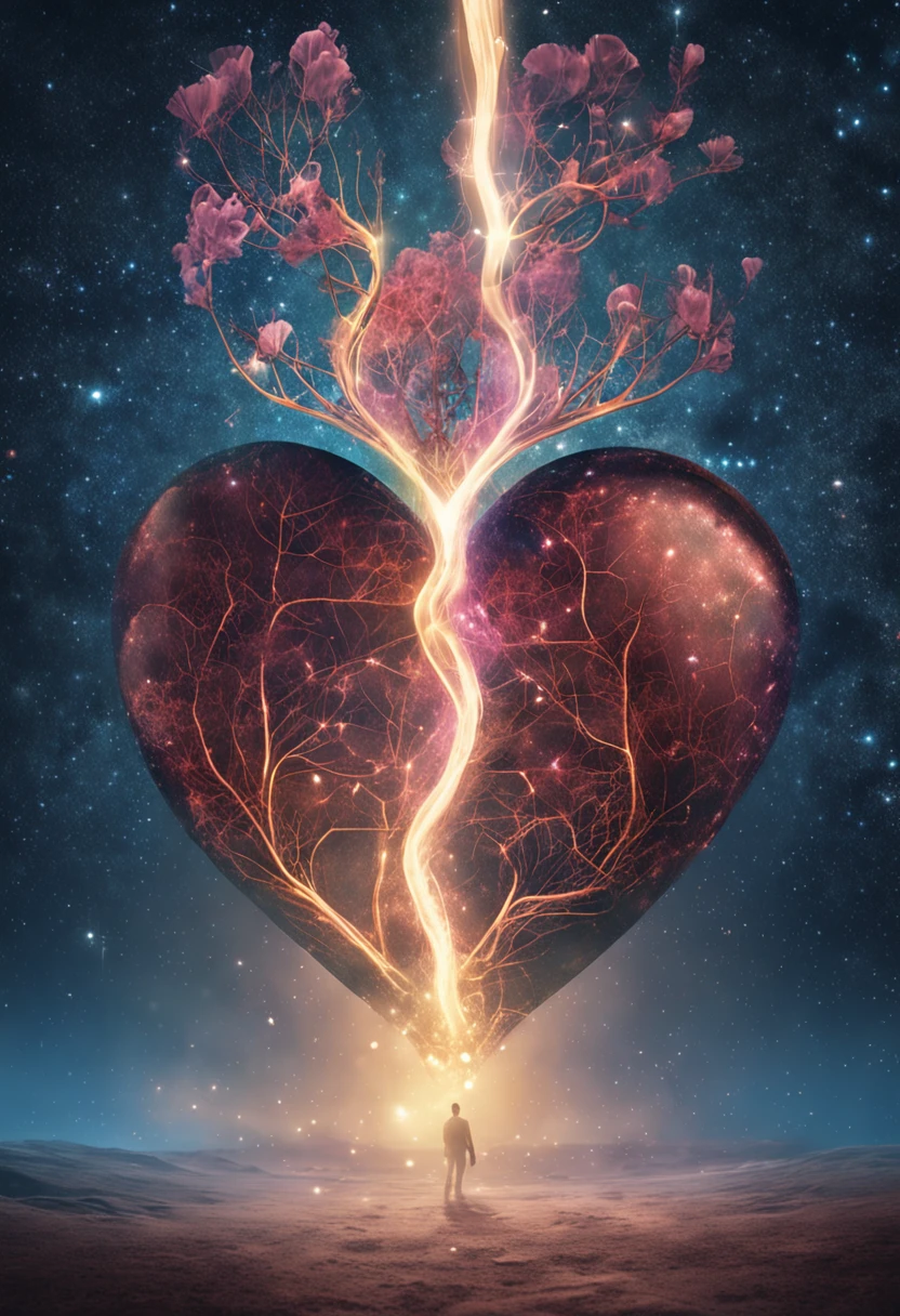"Por favor, Create an image that represents the fusion of the human heart with the supernatural realm and the vast universe.
Imagine an ethereal and mysterious scenario. No centro da imagem, A human heart shines with a soft, sparkling light. The heart seems to be floating in a translucent mist, evoking a sense of mystery and transcendence.
From the heart, emanates a series of projections, each representing a unique aspect. Some projections take the form of elements of nature, like branches of trees, flower petals or dancing flames, evoking a deep connection to the natural realm.
Other projections extend into outer space, turning into bright constellations, distant galaxies or rays of shooting stars. These cosmic projections symbolize the expansion of human emotion beyond the limits of the Earth, conectando-se ao vasto universo.
A paleta de cores inclui tons de azul celeste, violeta profundo e dourado, Creating a magical and spiritual atmosphere. The soft light emanating from the heart and projections contributes to a sense of peace and awe.
The resulting image captures the idea of a human heart that transcends earthly boundaries, Exploring the Supernatural and Cosmic Realms. This fusion of the human and the divine creates a visual narrative that evokes the search for the deepest emotional connection and the expansion of one's own essence into the vast universe."