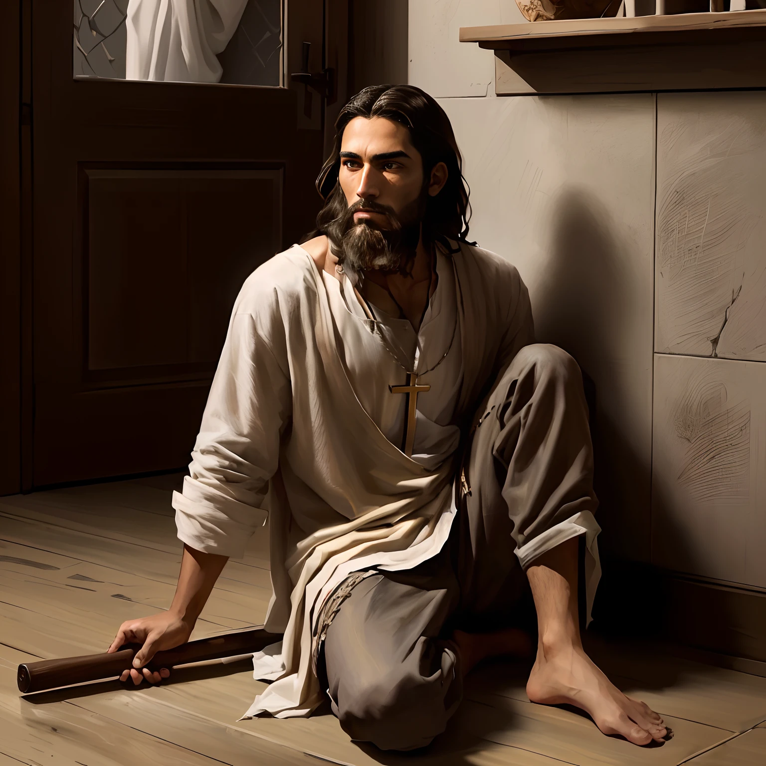 Arafed man sitting on the ground with a bat in his hand, holy man looking down at the ground, jesus wasted at a party, Jesus Cristo Fumando um Blunt, Vestido como Jesus Cristo, Alexey Egorov, Nicodemos, Jesus Cristo, pintado digitalmente, inspirado em Carl Heinrich Bloch, macho jovem com bengala, homem bonito, jesus of nazareth