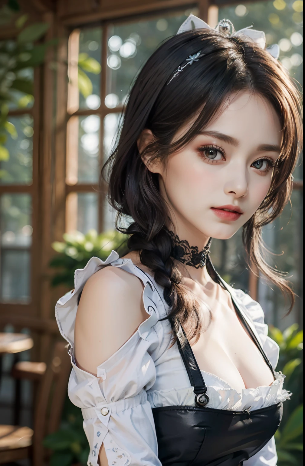 (8K, Raw photography, top-quality, masterpiece: 1.2), masterpiece, Super Detail, 超A high resolution, (Realistic and realistic photos: 1.37), high-definition RAW color photography, extremely delicate and beautiful, ighly detailed, 8K Wallpaper, astonishing, detaileds, extremely detailed eye, highlydetailed skin, extremely detailed fingers, highly detailed nose, highly detail mouth, perfect anatomia,1girl in, Apron, Black Dress, Blurry, Blurry background, Blurred foreground, blush, braid, breasts, depth of fields, Dress, eyebrows visible through hair, frilld, gloves, hair between eye, Indoors, Jewelry, juliet sleeves, Long sleeves, Looking at Viewer, maid, maid apronl, Maid headdress, Puffy sleeves, Short hair, Sitting, Solo, White Apron, window, Huge boobs、hposing Gravure Idol、女優、25-years old、tall、cafes、resturant、Italy、Americans、Australia