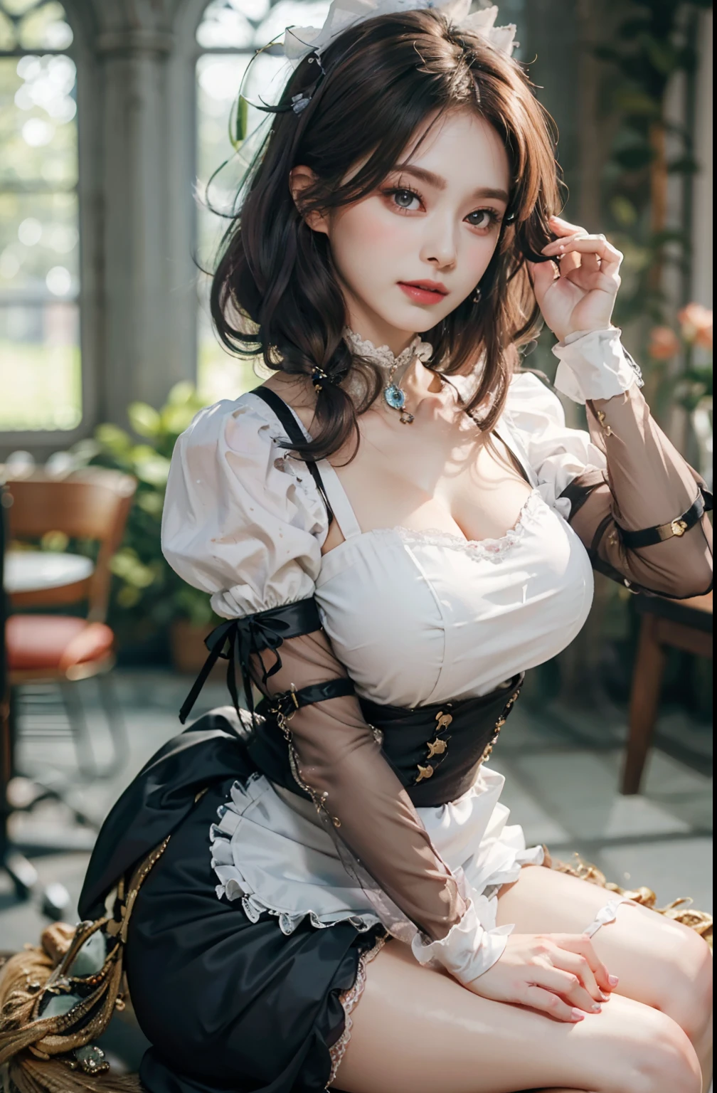 (8K, Raw photography, top-quality, masterpiece: 1.2), masterpiece, Super Detail, 超A high resolution, (Realistic and realistic photos: 1.37), high-definition RAW color photography, extremely delicate and beautiful, ighly detailed, 8K Wallpaper, astonishing, detaileds, extremely detailed eye, highlydetailed skin, extremely detailed fingers, highly detailed nose, highly detail mouth, perfect anatomia,1girl in, Apron, Black Dress, Blurry, Blurry background, Blurred foreground, blush, braid, breasts, depth of fields, Dress, eyebrows visible through hair, frilld, gloves, hair between eye, Indoors, Jewelry, juliet sleeves, Long sleeves, Looking at Viewer, maid, maid apronl, Maid headdress, Puffy sleeves, Short hair, Sitting, Solo, White Apron, window, Huge boobs、hposing Gravure Idol、女優、25-years old、tall、cafes、resturant、Italy、Americans、Australia