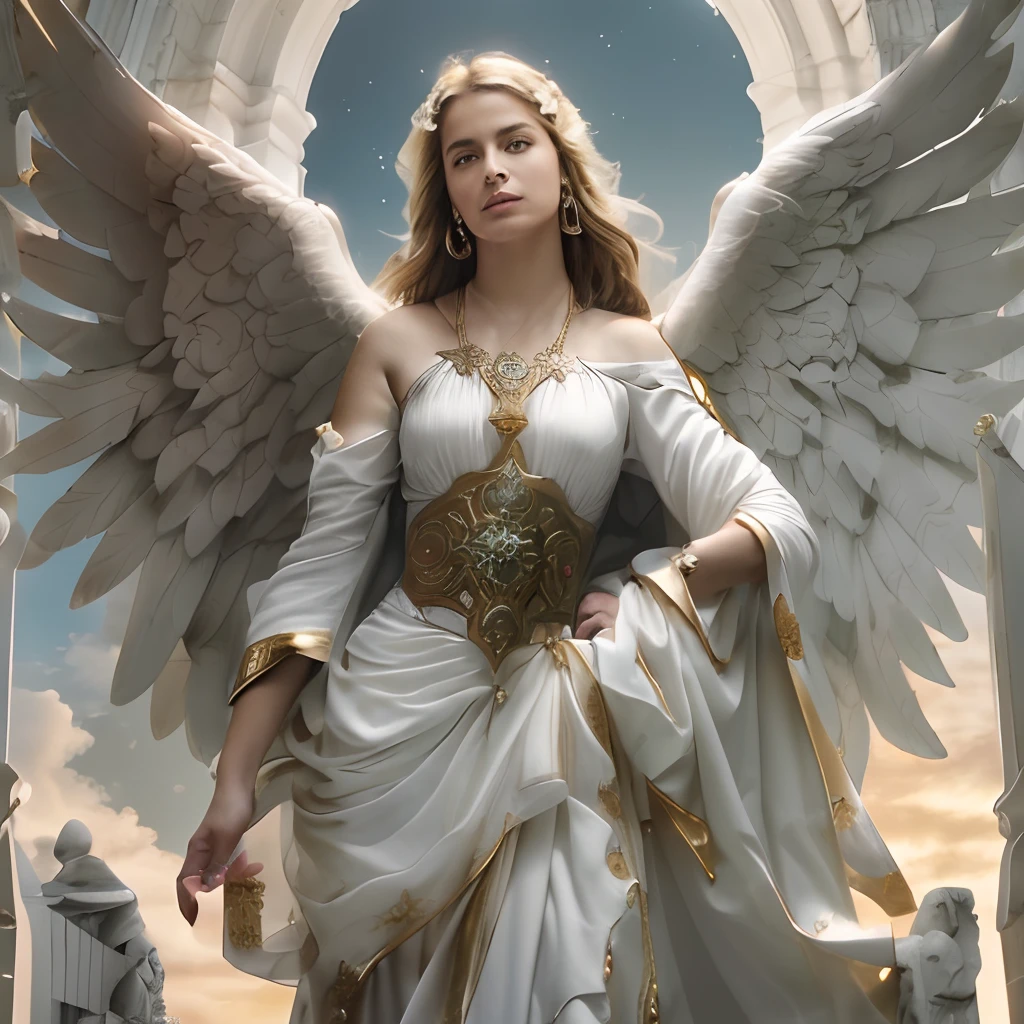 (((SAINT MICHAEL ARCHANGEL. 19 years old))) ((( Con una cara seria y piadosa. Con una mirada dulce y tierna))) (obra maestra, calidad superior, mejor calidad, arte oficial, beautiful and aesthetic: 1.2), (1girl), extremadamente detallado, (Arte fractal: 1.3), colorido, highest detailed, Cara perfecta, parte superior del cuerpo, HDR, (orando: 1.3), (golden lines of white coat: 1.2), galaxia, (rayas de luz), eye-catching visuals, (dynamic stripes, senderos luminosos: 1.2), colores vibrantes,