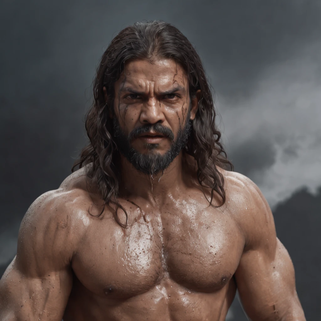 (Professional 3D rendering:1.3) de (Realistic:1.3) Foto de arte mais bonita do mundo,Apresenta gurus indianos masculinos suaves e brilhantes, ((Guru Epic Fantasy Rough Muscular Man Wet Hero Angry Look Long Hair Short Beard and Fierce Expression in Dynamic Pose, fantastic location, majestoso ambiente desordenado)), corpo inteiro 8k unidade render, action shot, poros da pele, very dark lighting, sombreamento pesado, circunstanciado, Rosto detalhado, (vibrante, fotogrdeia realista, Realistic, Dramatic, Escuro, foco nítido, 8k), (Old leather clothes damaged by bad weather:1.4), ((((Use peles)))), (intrincado:1.4), decadente, (altamente detalhado:1.4), pintura digital, rendering by octane, art stations, Conceito-Arte, liso, foco nítido, illustration, germe da arte, (Loish:0.23), Wlop Ilya Kuvshinov, e Greg Rutkowski e Alphonse Mucha Gracias, (global ilumination, studiolight, Light Volumetric), chuva forte, floating particles, patife, fantasia, Onze, corpo inteiroesbian, ((Fundo escuro e antigo da cidade:1.3)),CGSesociedade,art stations