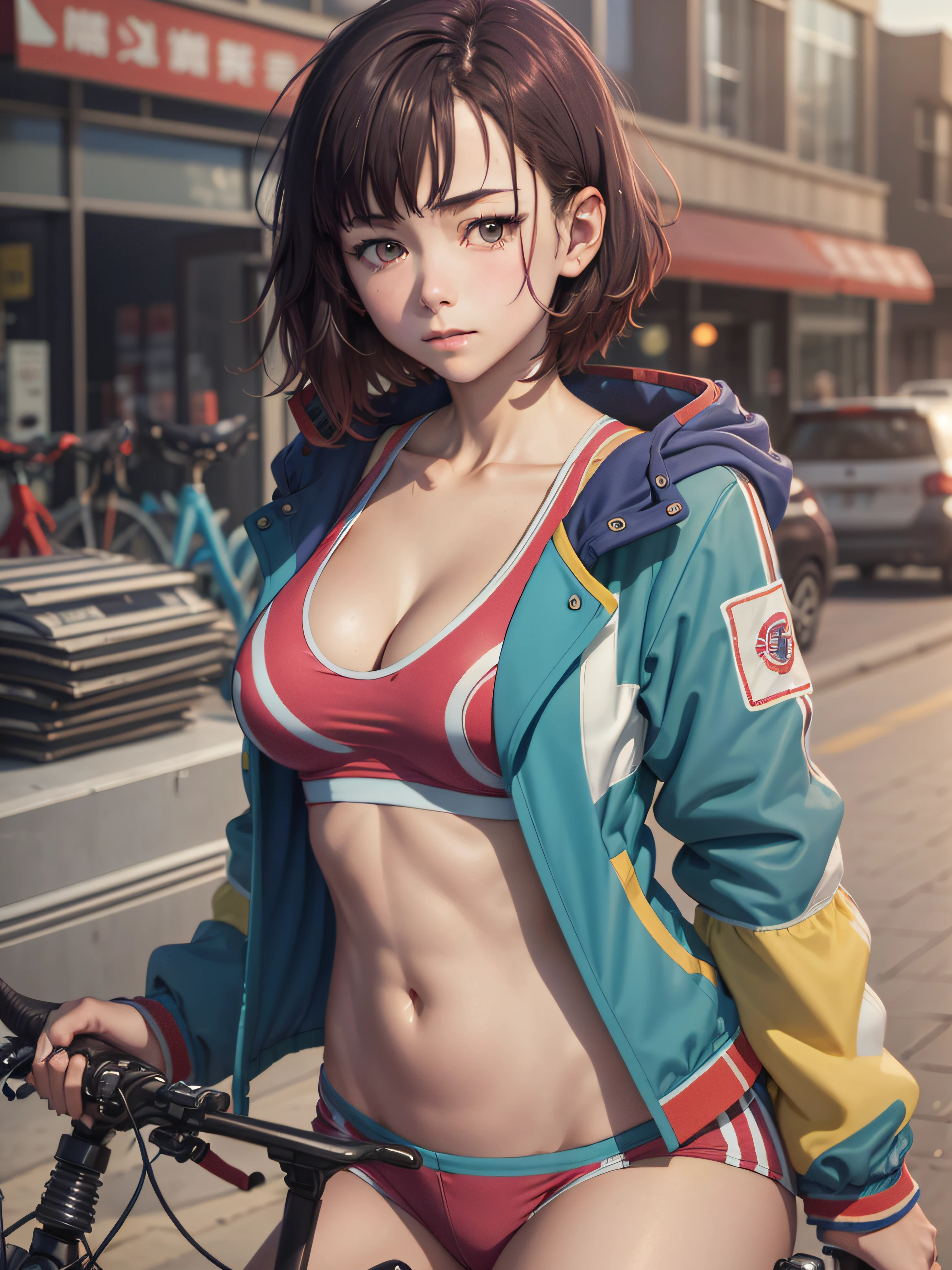 (((masterpiece))), ShizukaMikazuki, 1girl, solo, looking at viewer, short hair, brown hair, long sleeves, cleavage, medium breasts, closed mouth, collarbone, jacket, open clothes, open jacket, blue jacket, ground vehicle, sports bra, bicycle,