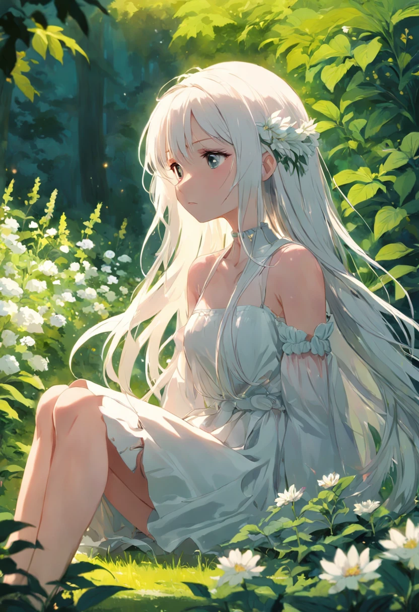 (masterpiece, best quality),1girl with long white hair sitting in a field of green plants and flowers, her hand under her chin, warm lighting, white dress, blurry foreground