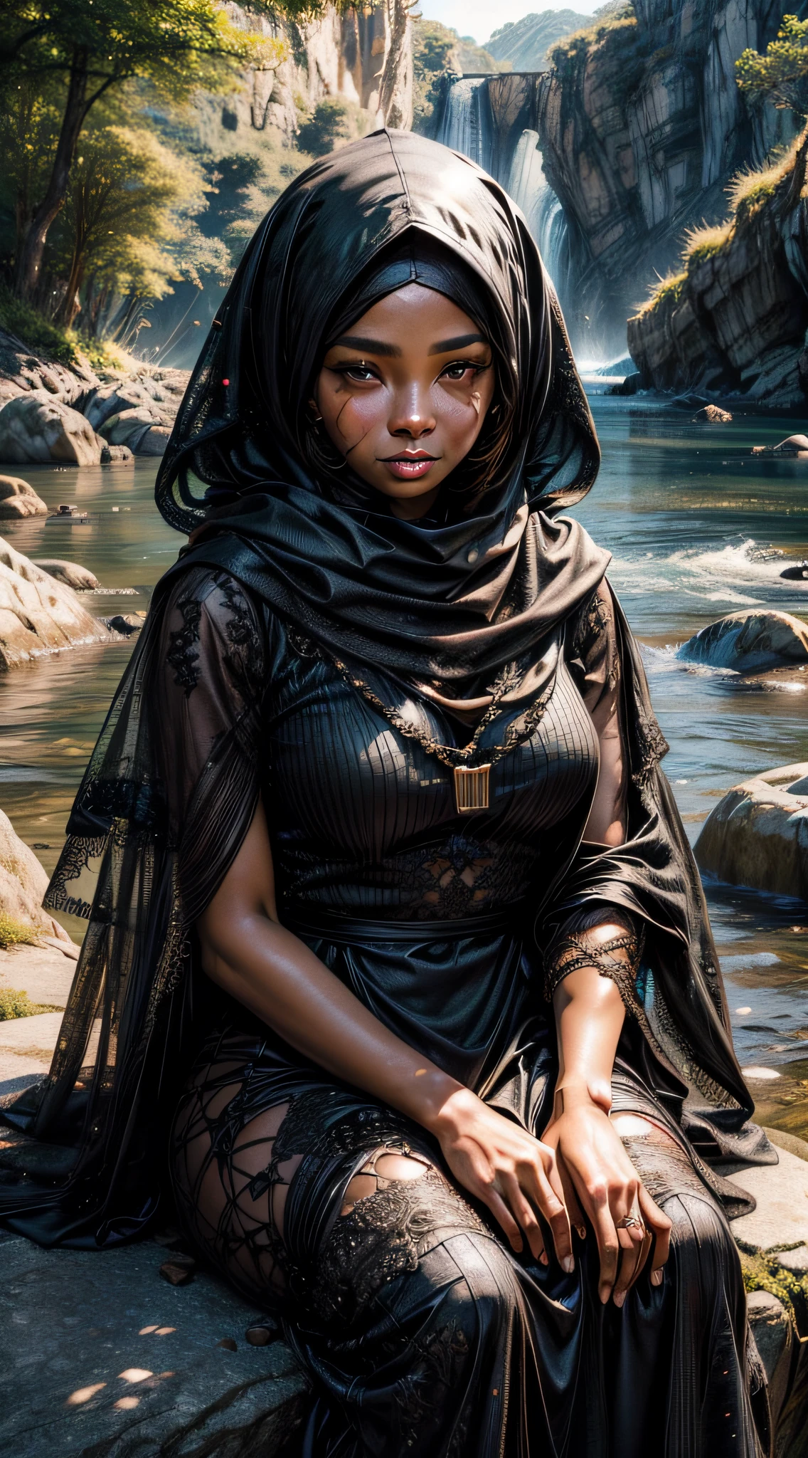 extreme close-up portrait black woman, in a burqa where only the eyes show, light brown eyes, honey-colored eyes, beautiful extremely detailed eyes, portrait, sitting on a rock by the river, wonderfully beautiful landscape, (masterpiece : 1.5) (photorealistic: 1.1) (bokeh) (best quality) (detailed skin texture pores hair: 1.1) (intricate ) (8k) (HDR) (wallpaper) (cinematic lighting) (sharp focus)