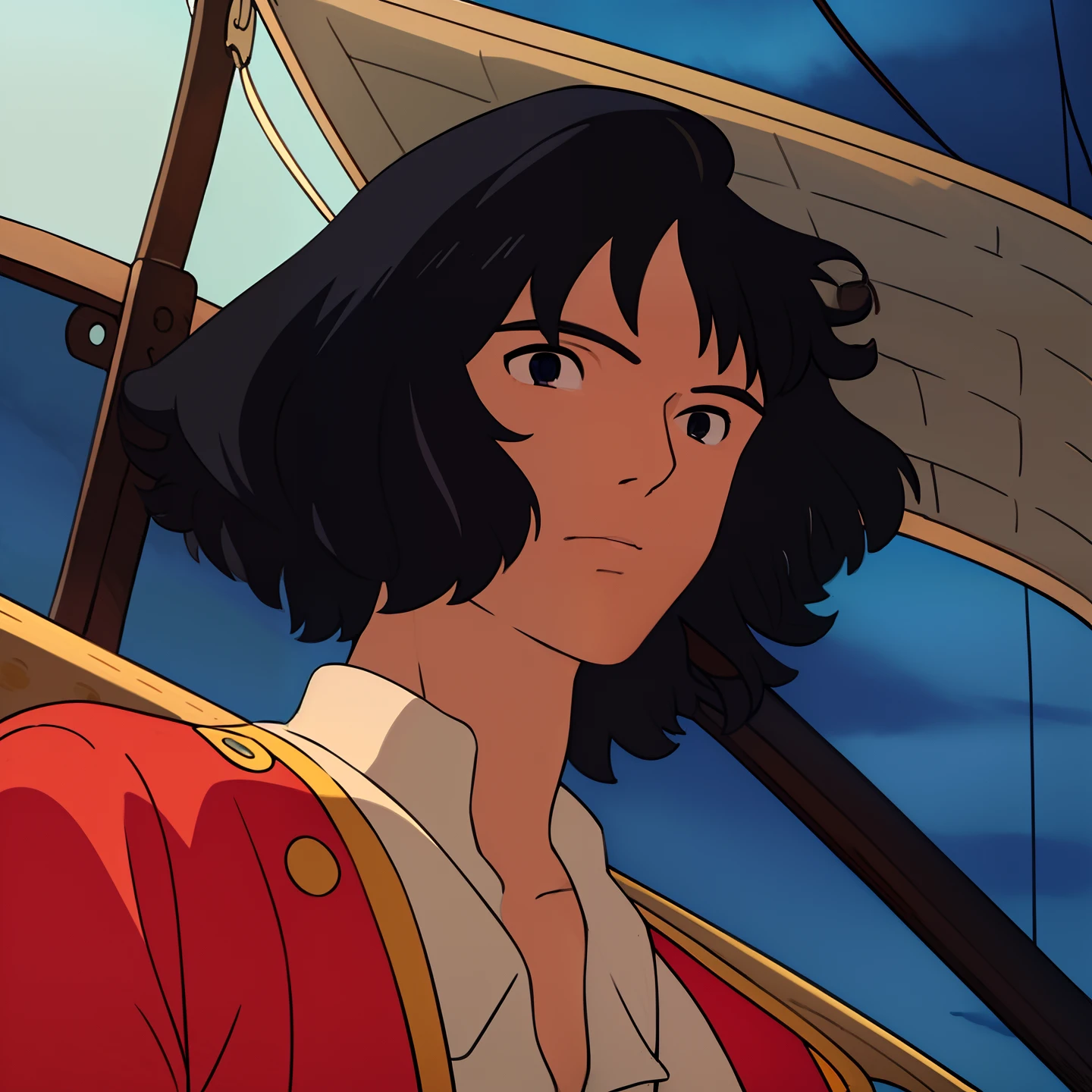 ((best quality)), ((masterpiece)), ((detailed background)), ((high quality illustration)), 1boy, wanostyle, solo, long sleeves, sleeves past wrists, night, sky, afron hair, black hair, black eyes, beautiful eyes, small eyes, pirate ship background, miyazaki hayao