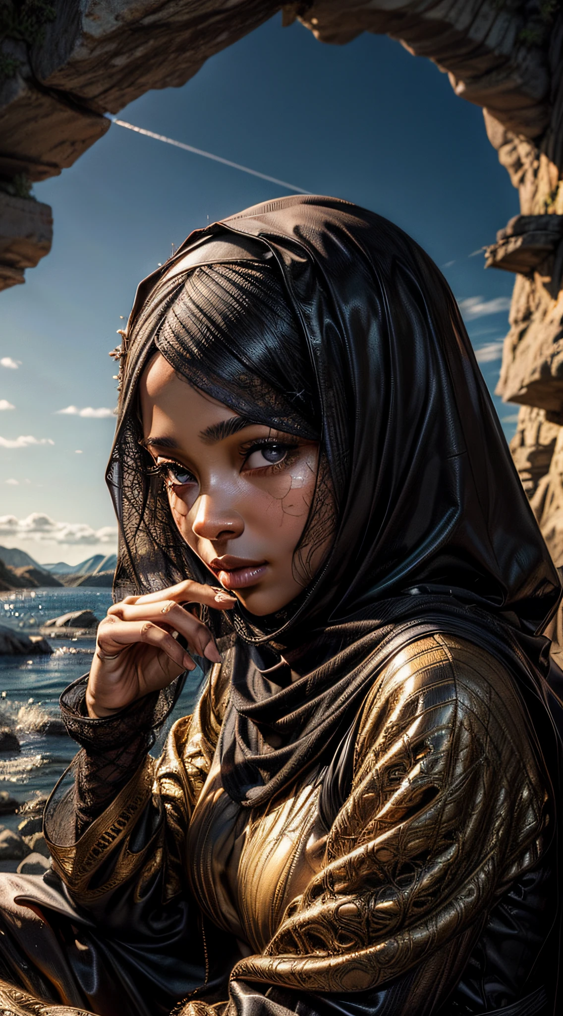extreme close-up portrait black woman, in a burqa where only the eyes show, light brown eyes, honey-colored eyes, beautiful extremely detailed eyes, portrait, sitting on a rock by the river, wonderfully beautiful landscape, (masterpiece : 1.5) (photorealistic: 1.1) (bokeh) (best quality) (detailed skin texture pores hair: 1.1) (intricate ) (8k) (HDR) (wallpaper) (cinematic lighting) (sharp focus)