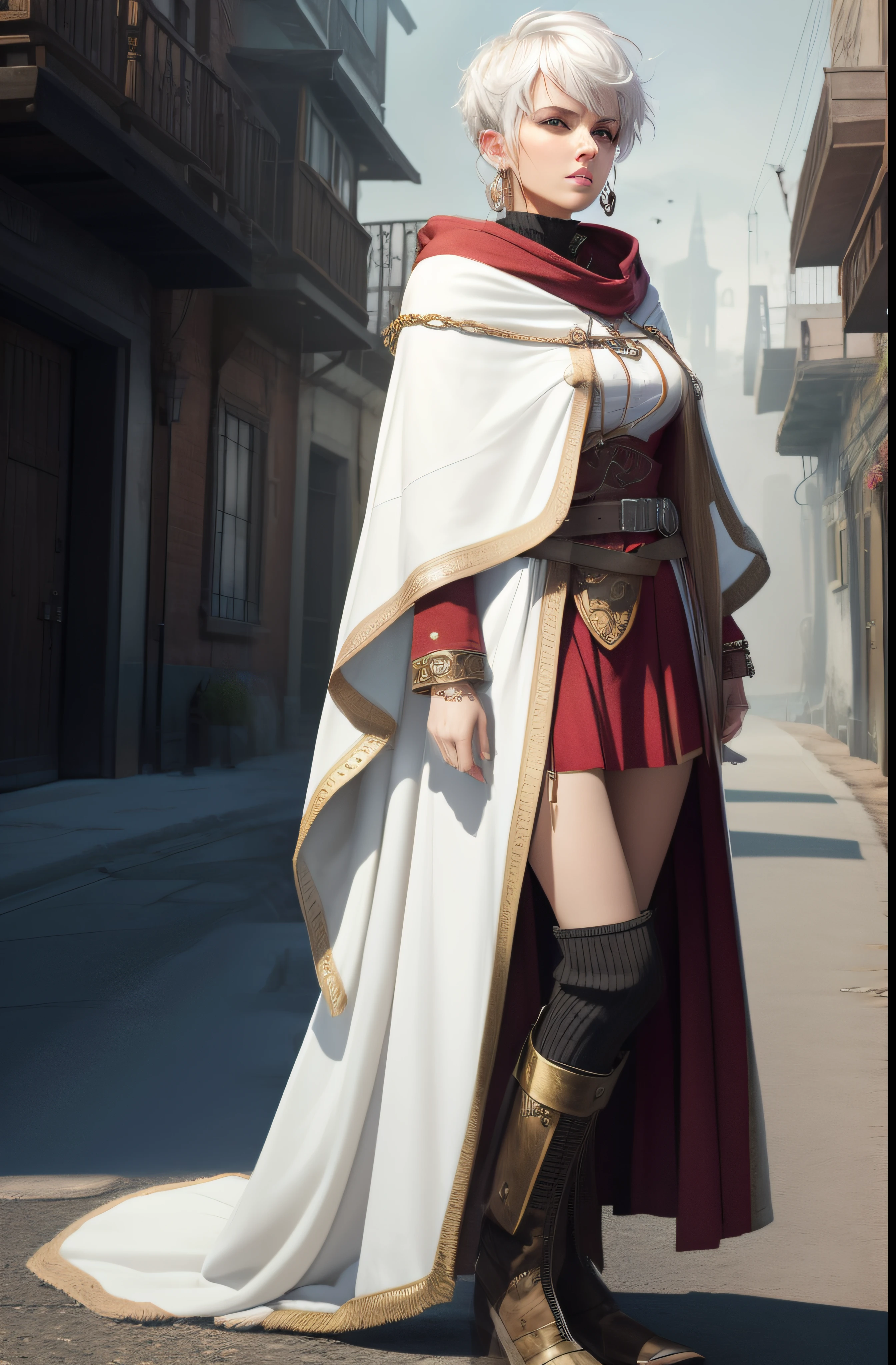 portrait of female alchemist, 37 years old, Messy hair, uniform, mythical uniform, alchemist outfit, (white blanket), forearms with wide bracelet, red jewelry, fluffy blanket, circular earrings, short platinum hair, disheveled white haircut, serious face, looking to the side, futuristic vintage streampunk, standing on the sidewalk, (landscape with a view of a fantasy mythical town), old style place, sfw, beautiful, (streampunk place), full clothed, mature female