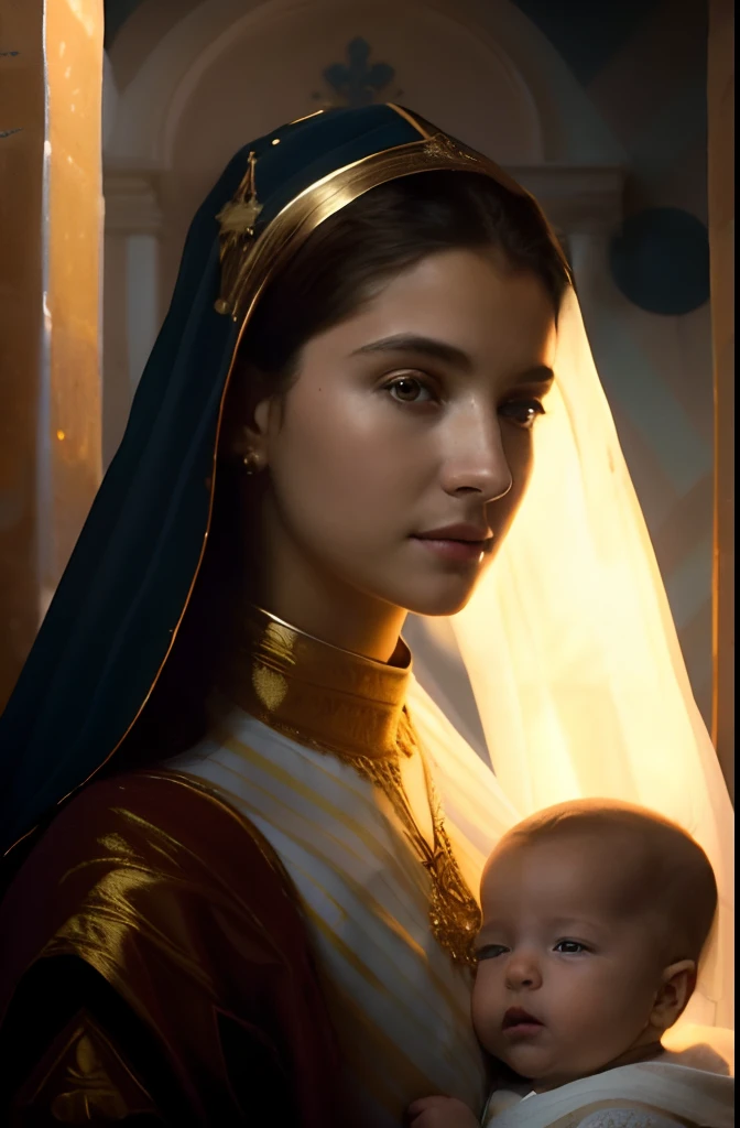(((Blessed Virgin Mary and the baby Jesus. 19 years old))) ((( Con una cara seria y piadosa. Con una mirada dulce y tierna))) (obra maestra, calidad superior, mejor calidad, arte oficial, beautiful and aesthetic: 1.2), (1girl), extremadamente detallado, (Arte fractal: 1.3), colorido, highest detailed, Cara perfecta, parte superior del cuerpo, HDR, (orando: 1.3), (golden lines of white coat: 1.2), galaxia, (rayas de luz), eye-catching visuals, (dynamic stripes, senderos luminosos: 1.2), colores vibrantes,