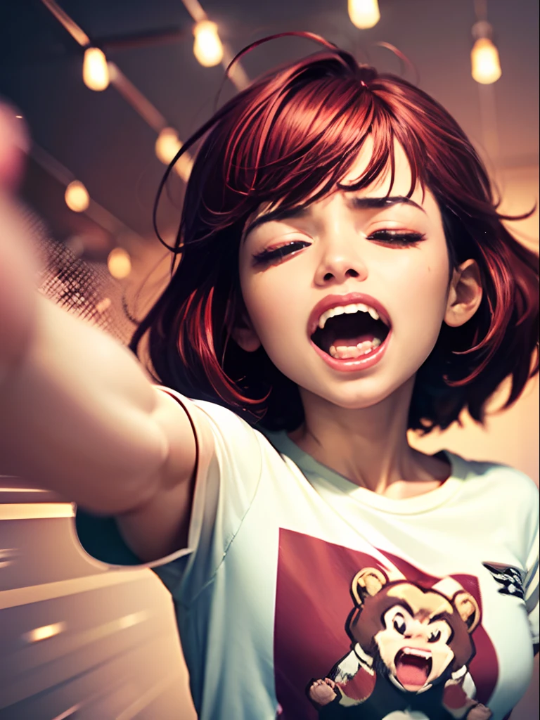 ((Screaming)),Reaching the climax:1.3,One girl closing her eyes, short-cut、masutepiece、Bottoms are randomly generated、( Monkey illustration printed shirt )、red hairs、GI Cut、Background bokeh:1.5