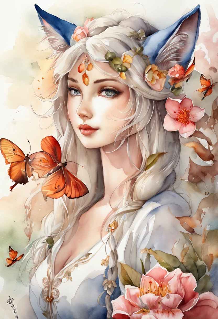 3D poster nine-tailed fox, young girl, perfect face, perfect female body, cat's eye, signed bottom left, masterpiece, dolphin, top quality,