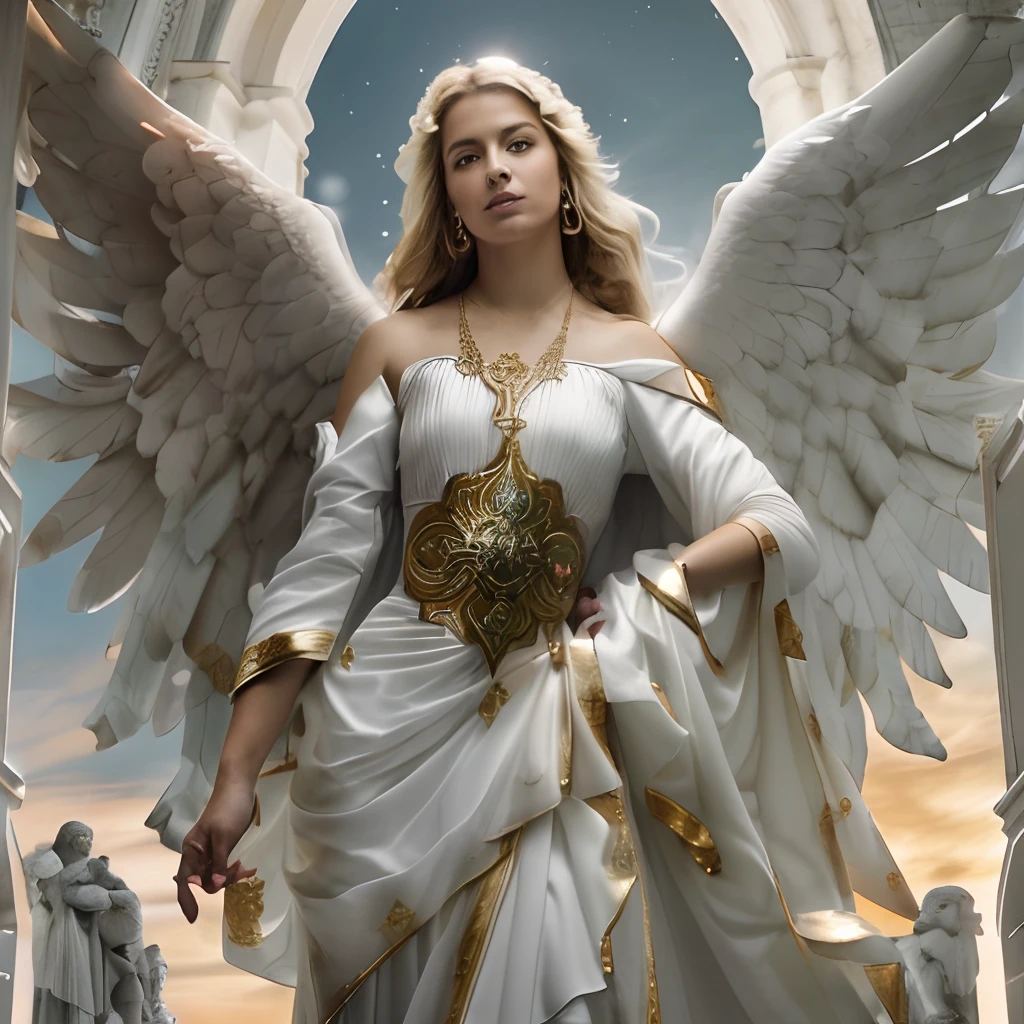 (((SAINT MICHAEL ARCHANGEL. 19 years old))) ((( Con una cara seria y piadosa. Con una mirada dulce y tierna))) (obra maestra, calidad superior, mejor calidad, arte oficial, beautiful and aesthetic: 1.2), (1girl), extremadamente detallado, (Arte fractal: 1.3), colorido, highest detailed, Cara perfecta, parte superior del cuerpo, HDR, (orando: 1.3), (golden lines of white coat: 1.2), galaxia, (rayas de luz), eye-catching visuals, (dynamic stripes, senderos luminosos: 1.2), colores vibrantes,