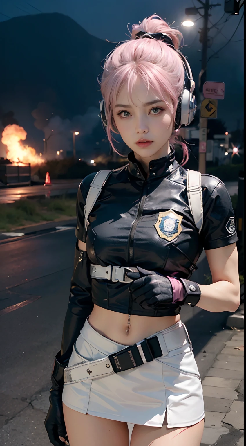 Top quality, hyper HD, (Backlight), (Photorealistic: 1.4), (Cowboy shot), 1 beautiful girl, (Kpop idol), Detailed face, (Hair in pink bun: 1.3),  Contrapposto, Smooth skin, Perfect anatomy, Professional lighting, ((Wear a futuristic police racing suit, Mini-skirt or low-heat pants, police badge, High-tech headphones, Military seat belts, Racing gloves, machine guns)), ("Police", Based on silver-pink, black-white cloth), (Background, (The audience is close), Crash, Fire, (Explosion)),