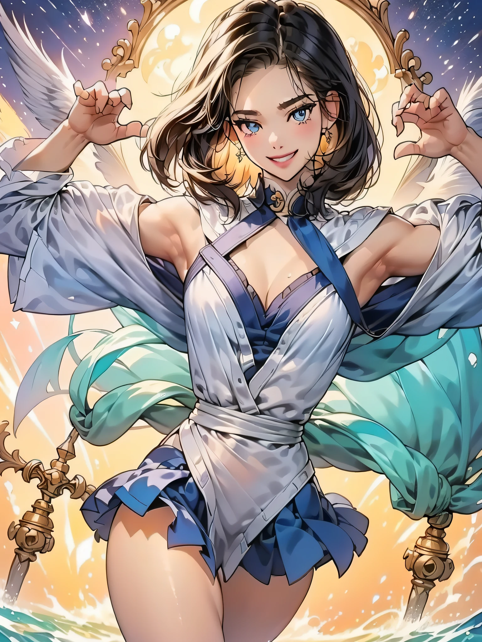 Full: 1.3, stand, masterpiece, 3D, realistic, ultra micro photo, top quality, ultra detailed CG Unity 8K wallpaper, (mer1, tiara, sailor senshi uniform, white gloves, blue sailor collar, blue skirt, sailor Senshi uniform: 1.2, sailor mercury: 1.3, meishaonv), from below, intricate details, (1 woman), 19 years old, Short hair, floating short blue hair: 1.2, obviously Sailor Senshi uniform, sexy pleated miniskirt of shiny blue color: 1.3, ((very large blue colored bow in the center of the chest: 1.3, golden tiara on the forehead: 1.2, blue gloves on the elbows: 1.2, bare upper arms: 1.1, long knee high boots in shiny blue enamel with luxurious gold decoration: 1.3, saturated wide blue collar, Blue sailor color, long white latex gloves with luxurious gold embellishment: 1.3, bold sexy slender high-legged gravette swimsuit, very large blue bow behind the waist: 1.1, blue choker, cleavage looks sexily boldly large: 0.6)), (very thin and fitting high-gloss white holographic leather: 1.3), blue star-shaped earrings, parted bangs, ((seductive smile, very pretty face, face details: 1.5, bright blue colored eyes, beautiful face, beautiful eyes, shiny eyes, thin lips: 1.3, thin and sharp pale eyebrows, long dark eyelashes, double eyelashes)), luxurious golden jewelry, (fighting stance), huge splashing wings, thin and muscular muscles, muscular abs, small face, huge breasts, perfect proportions, thin waistSexy Model Pose, Visible Pore, Perfect Hands: 1.5, Octane Rendering, Very Dramatic Images, Strong Natural Light, Sunlight, Exquisite Lighting and Shadows, Dynamic Angle, DSLR Harp, Focus: 1.0, Maximum Clarity and Sharpness, (Water Divinity: 1.1, Splash Space Background, Dynamic Water Background, Water Man: 1.2, Water Hair, Water Bubbles, Dynamic frame, Mercury, moonlight, moon, dynamic background, detailed background))