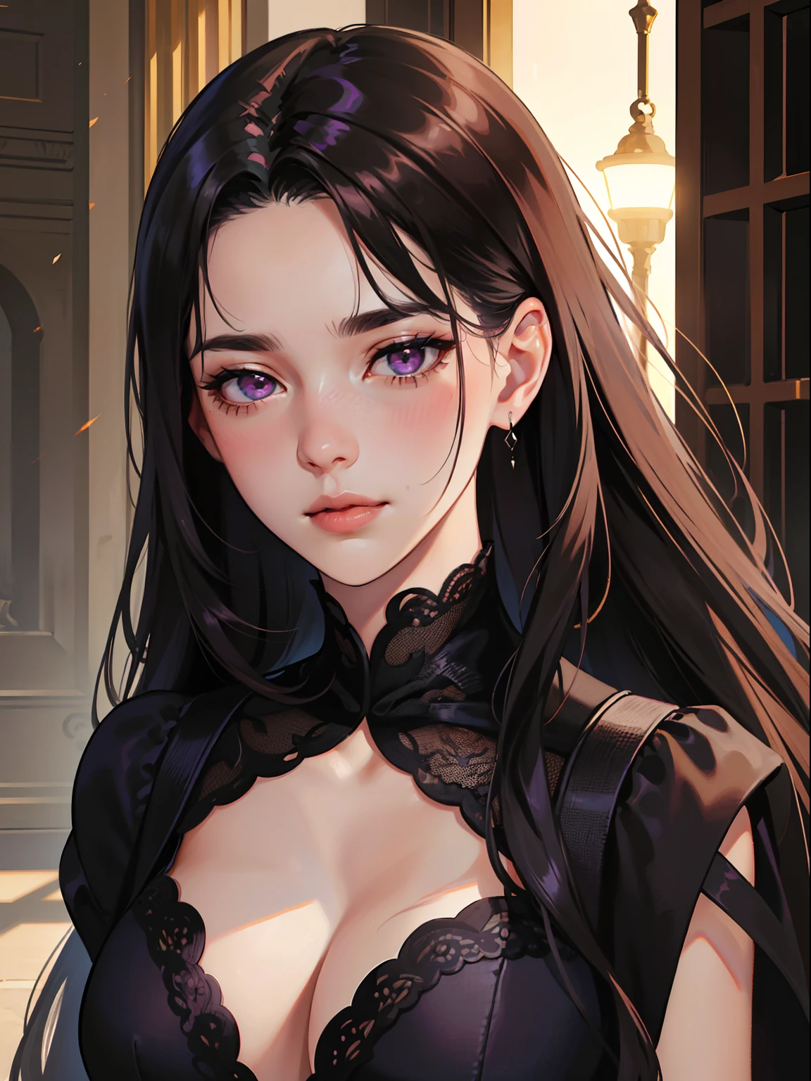 masterpiece, best quality, realistic, mature female, cute, 25 years old, closed mouth, portrait, extremely detailed face, warm, (dark purple eyes), (( Black long hair)), ((front bangs hair)), [thin eyebrows], dark palace, ((elegant dark black dress)), slight makeup, calm look, ear blush, light blush, shorteyelashes, 4k, hot