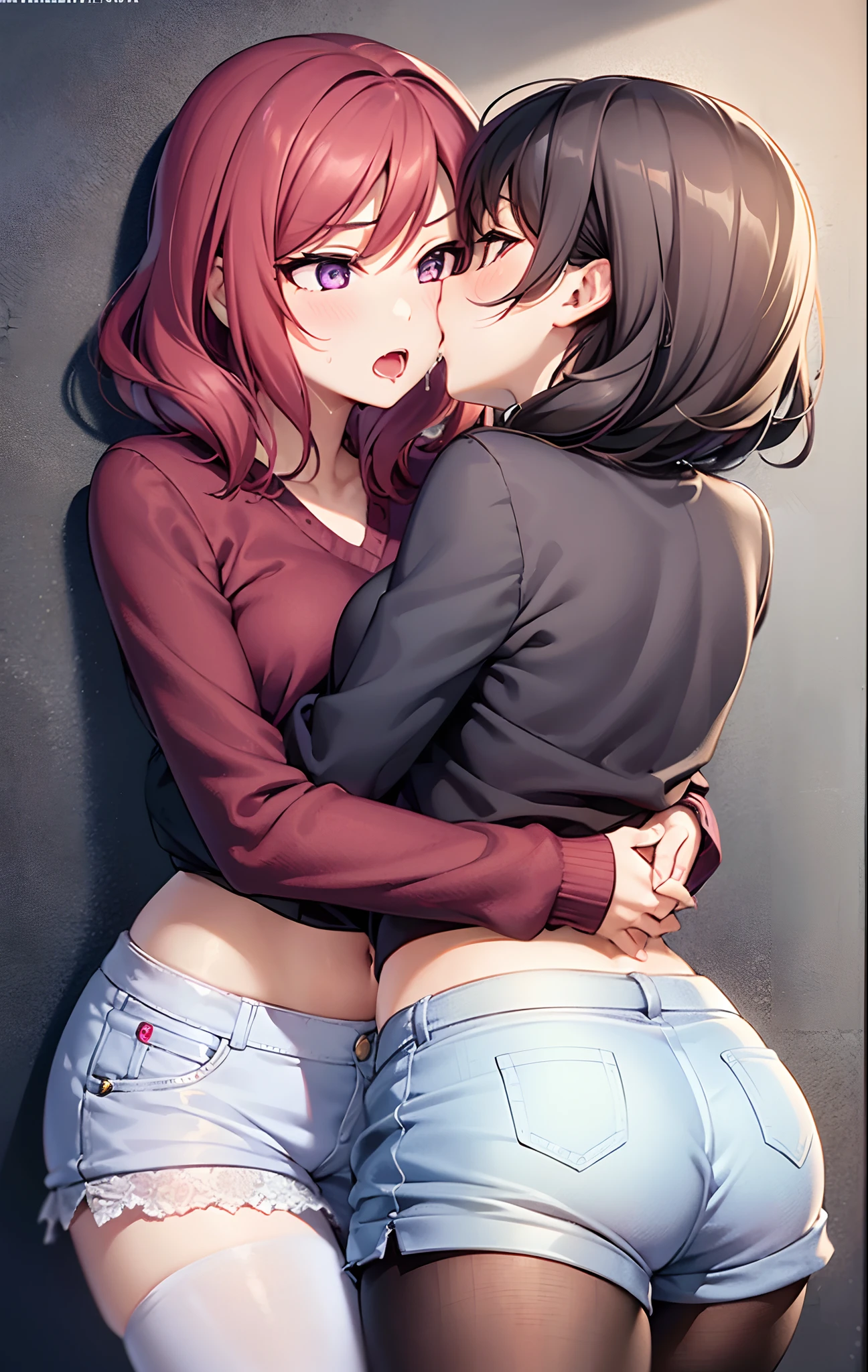 2girls,hug,kiss, lesbian,Nishikino maki, Purple eyes,((short red hair)), blouse, white shorts, brown pantyhose, (midriff:0.8), (lips:0.7), llchar, against wall, grabbing another ass, saliva swap