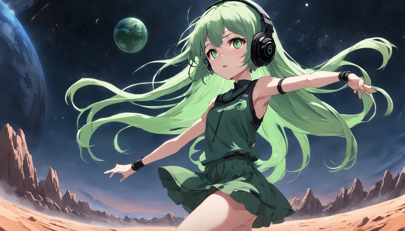 Realistic anime of a girl dancing in the Mars desert with long green hair, with a large headset on your head, sorrindo, Black sky with planet earth in the background.