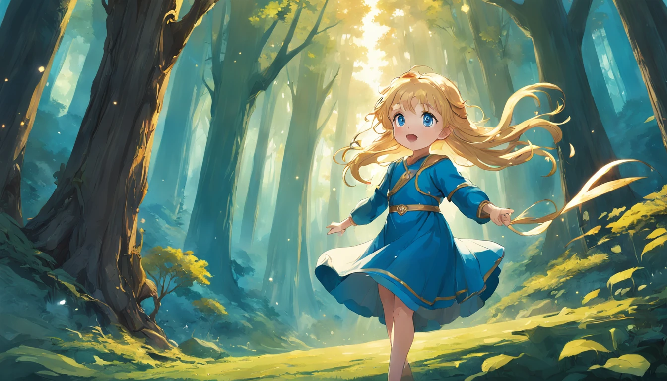 Create a captivating illustration that perfectly encapsulates the essence of Chapter 2: 'Magical Traces.' In this image, prominently feature a three-year-old girl with golden blonde hair that gleams like spun gold and deep, inquisitive blue eyes that sparkle with wonder. She is dressed in a vibrant blue dress that seems to echo the boundless sky, and atop her head, a vivid green hairband keeps her locks neatly in place. Set the stage in an enchanting forest where the ordinary meets the extraordinary. The ancient trees surrounding the girl should exude a sense of wisdom and mystique, their branches and leaves forming a protective canopy overhead. Beneath her feet, let the forest floor be adorned with delicate, glowing traces of magic. Infuse the image with an air of anticipation and discovery, as if the young girl has stumbled upon the very heart of the enchantment mentioned in the chapter's title. The scene should beckon the viewer to dive deeper into the enchanting narrative of your book, leaving them eager to uncover the secrets hidden within Chapter 2: Magical Traces.