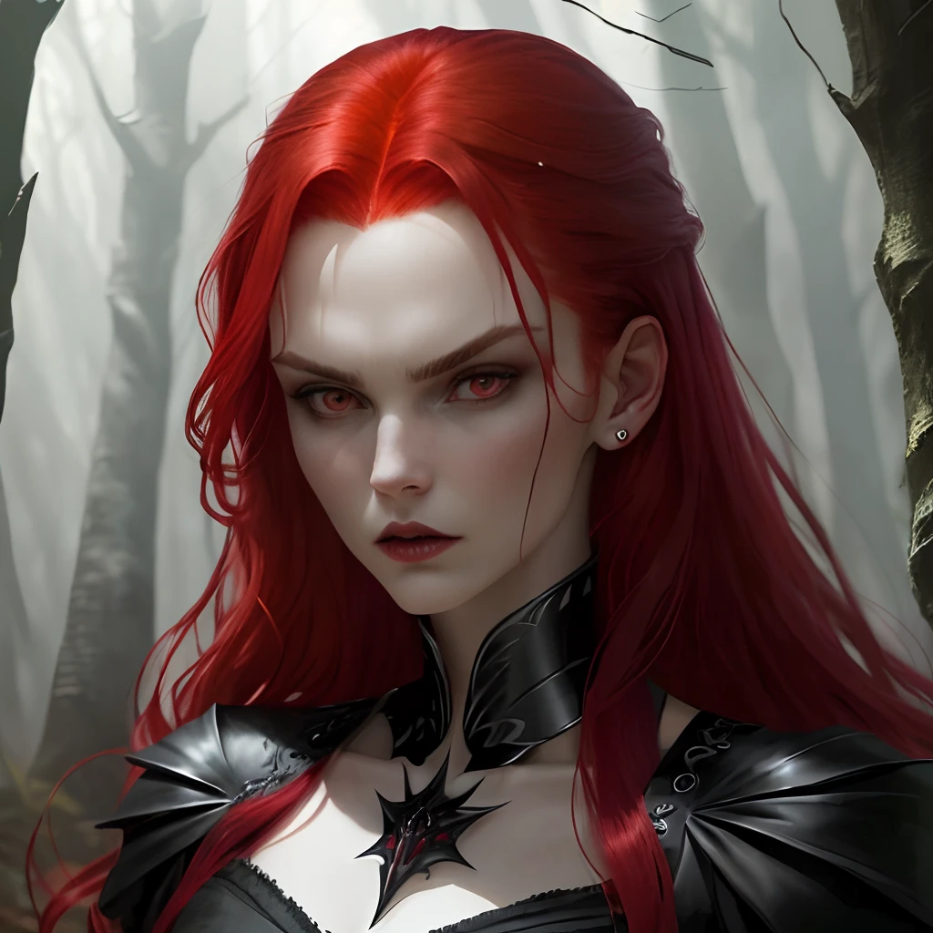 Woman, caucasiana, Eyes red, Red hair, blood witch, profile image, clothing detailed with blood, background with blood around.
