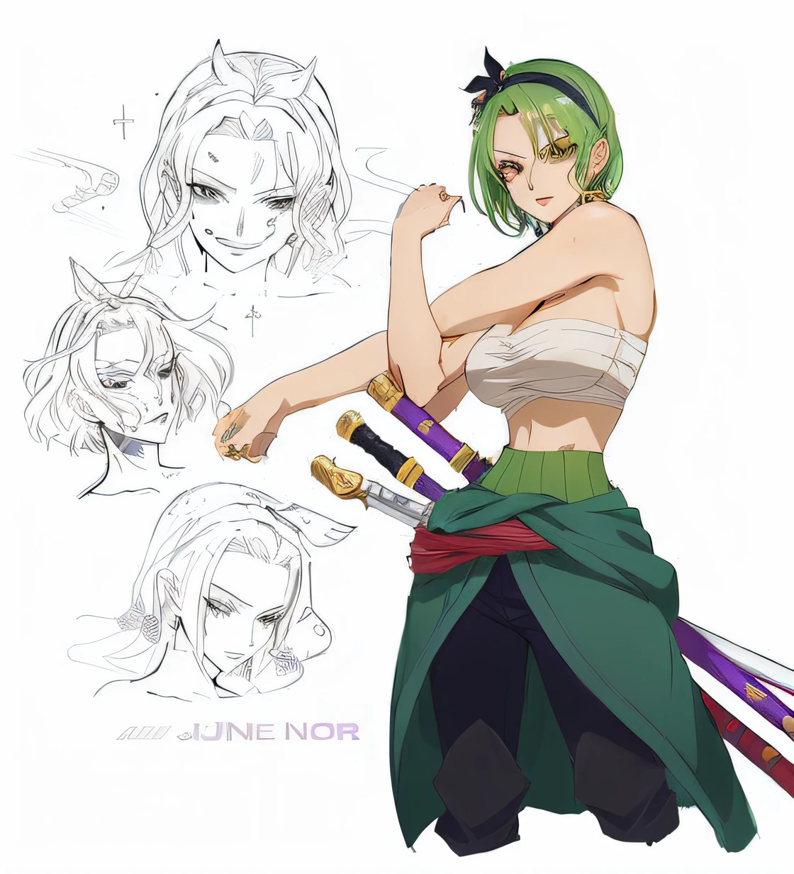 um desenho de uma mulher com cabelo verde e uma espada, Melhor Design de Personagens de Anime, pose, personagem estilo anime, Demon Slayer rui fanart, design de personagens de anime, arte detalhada do personagem de anime, from one piece, estilo anime jojo, personagem de anime, Arte Oficial, arte de personagens de anime, nami one piece, arte oficial do personagem, fanart requintada altamente detalhada full hd 8k, olhos vivos penetrantes