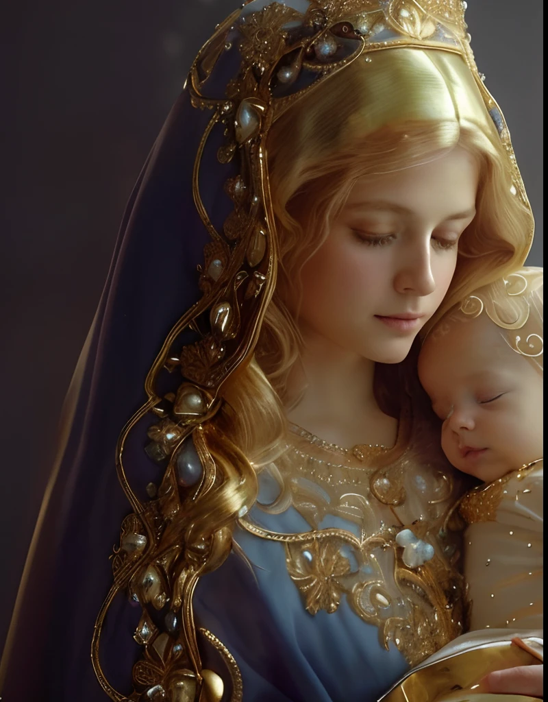 (((Blessed Virgin Mary and the Jesus. 19 years old))) ((( Con una cara seria y piadosa. Con una mirada dulce y tierna))) (obra maestra, calidad superior, mejor calidad, arte oficial, beautiful and aesthetic: 1.2), (1girl), extremadamente detallado, (Arte fractal: 1.3), colorido, highest detailed, Cara perfecta, parte superior del cuerpo, HDR, (orando: 1.3), (golden lines of white coat: 1.2), galaxia, (rayas de luz), eye-catching visuals, (dynamic stripes, senderos luminosos: 1.2), colores vibrantes,