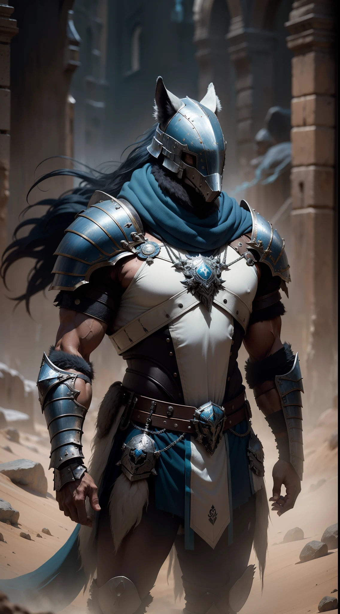 paladino com armadura pesada, capacete de lobo, metal wolf head, gola de pelos brancos, Casaco peludo, armadura branca e azul celeste, alto com ombros largos, Postura heroica,, arte conceitual, Cinematic lighting, motion blur, character chart, cowboy shot, F/1.2, 35 mm, Hasselblad, anatomicamente correto, super detalhe, detalhes altos, alta qualidade, melhor qualidade, 8k