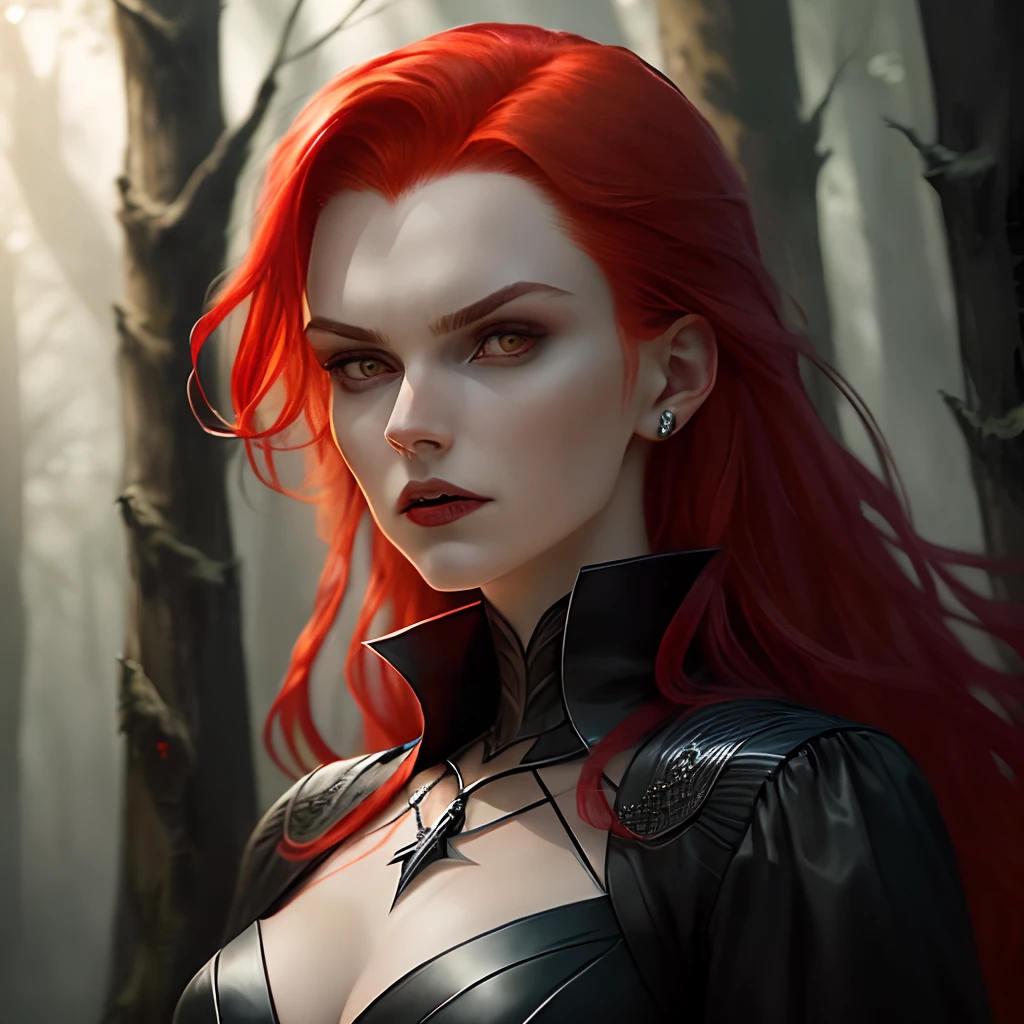 A super realistic and highly detailed depiction of a seventeen years old tall vampire woman with vibrant red hair, adorned in a sleek black attire, showcasing an intense and sinister expression, situated in the midst of a dimly lit forest.
