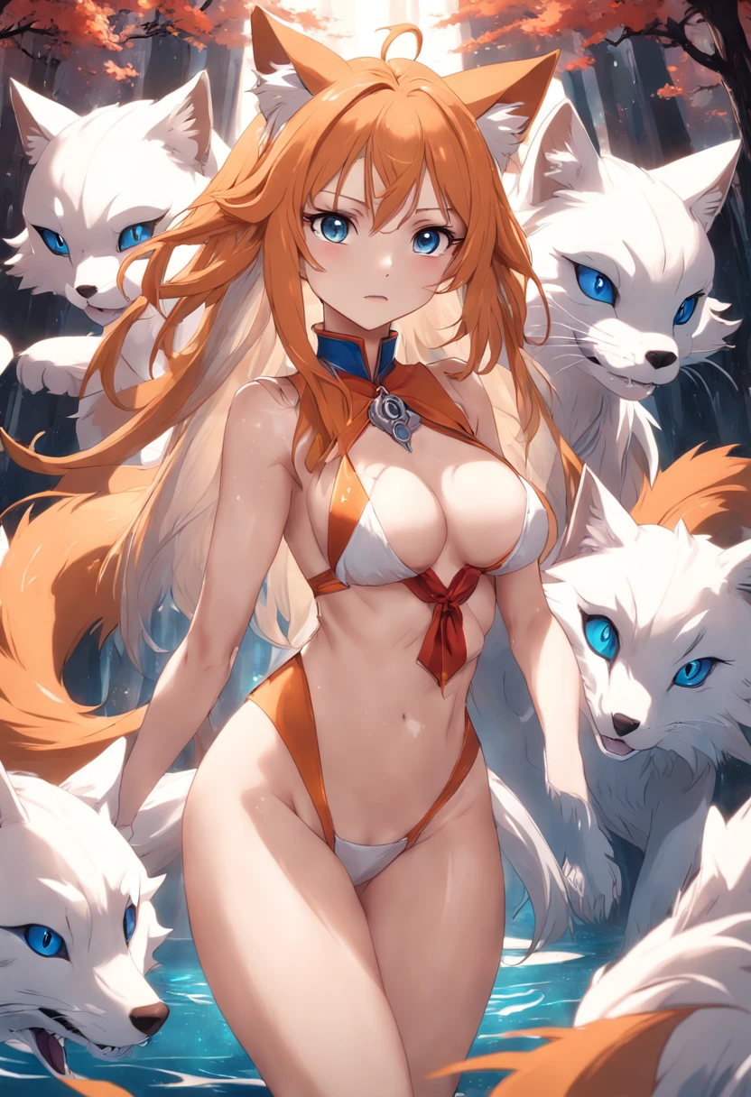 3D poster nine-tailed fox, young girl, perfect face, perfect female body, cat's eye, signed bottom left, masterpiece, dolphin, top quality,