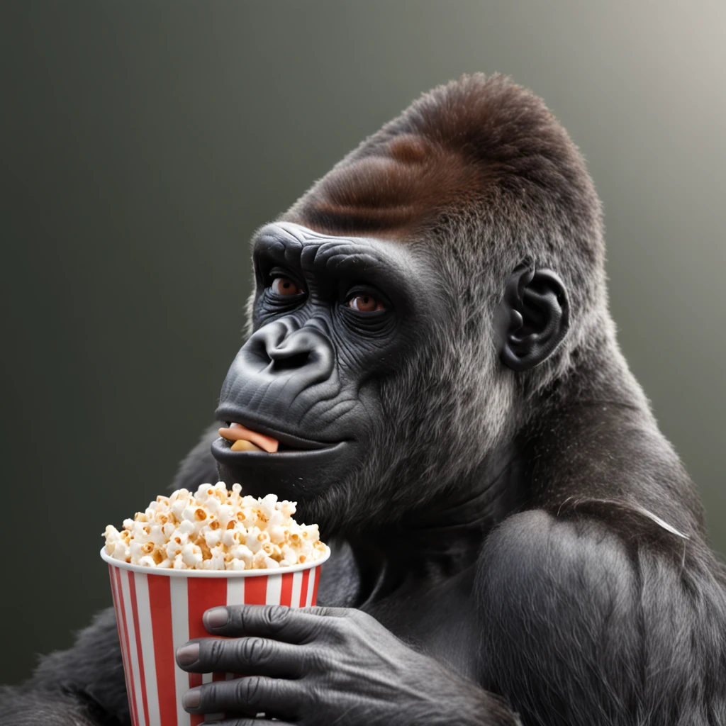 Generate an album cover for Gorillaz featuring a gorilla wearing 3D glasses, sitting down, and enjoying popcorn.