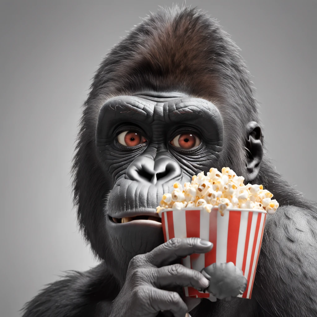 Generate an album cover for Gorillaz featuring a gorilla wearing 3D glasses, sitting down, and enjoying popcorn.