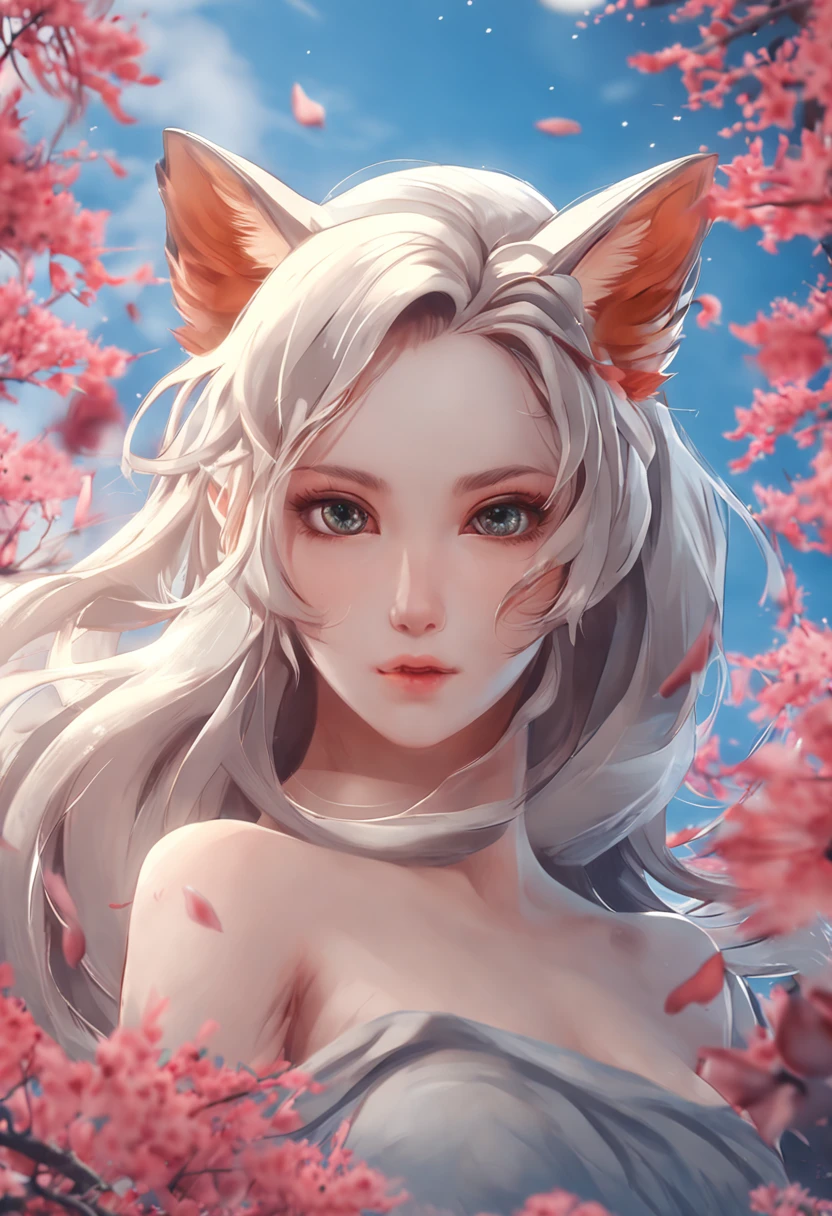 3D poster nine-tailed fox, young girl, perfect face, perfect female body, cat's eye, signed bottom left, masterpiece, dolphin, top quality,