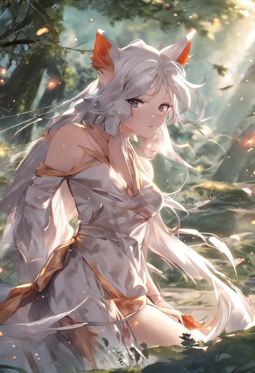 3D poster nine-tailed fox, young girl, perfect face, perfect female body, cat's eye, signed bottom left, masterpiece, dolphin, top quality,