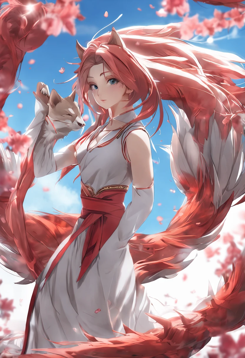 3D poster nine-tailed fox, young girl, perfect face, perfect female body, cat's eye, signed bottom left, masterpiece, dolphin, top quality,