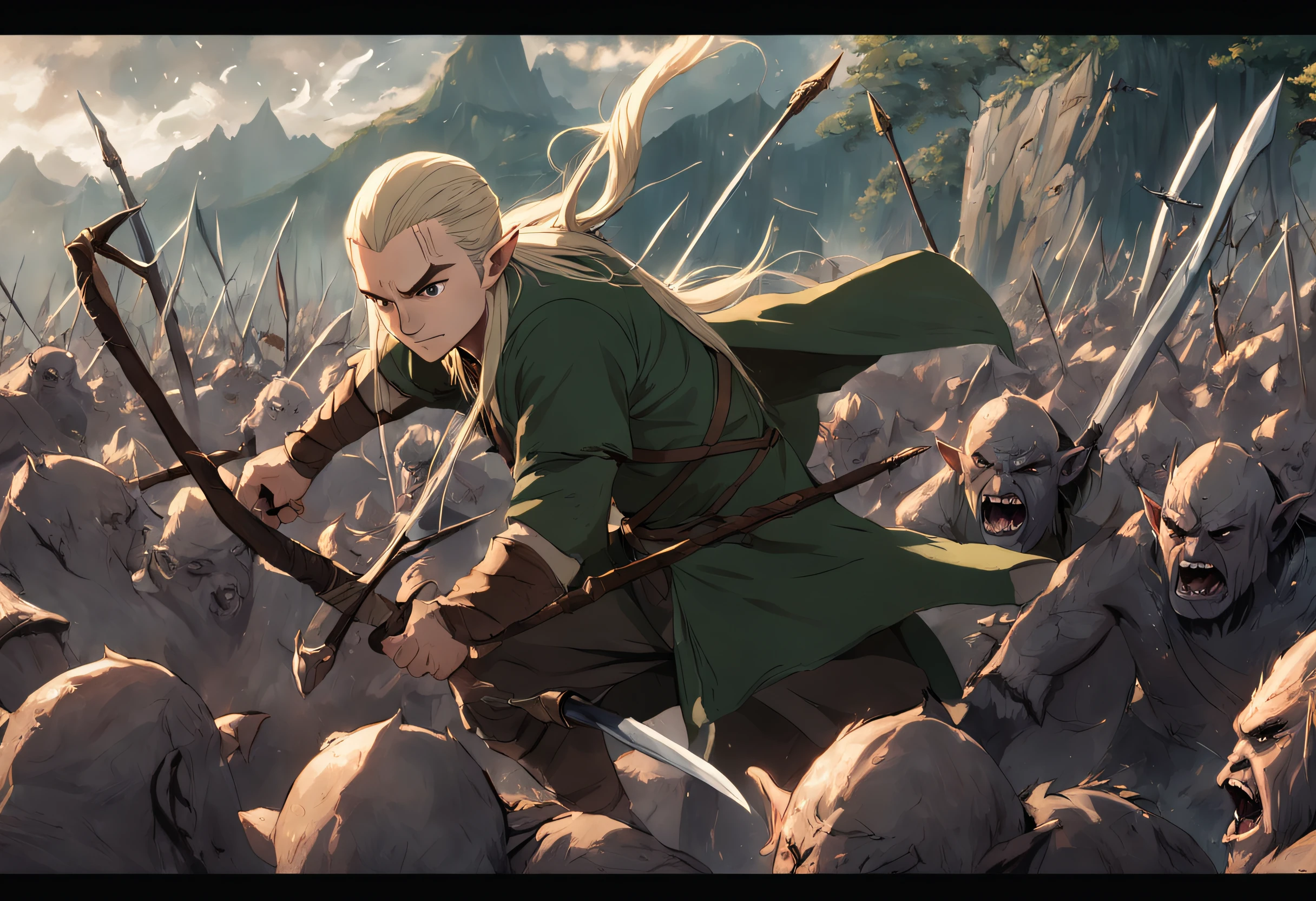 Legolas fighting orcs in the movie The Hobbit of the Lord of the Rings