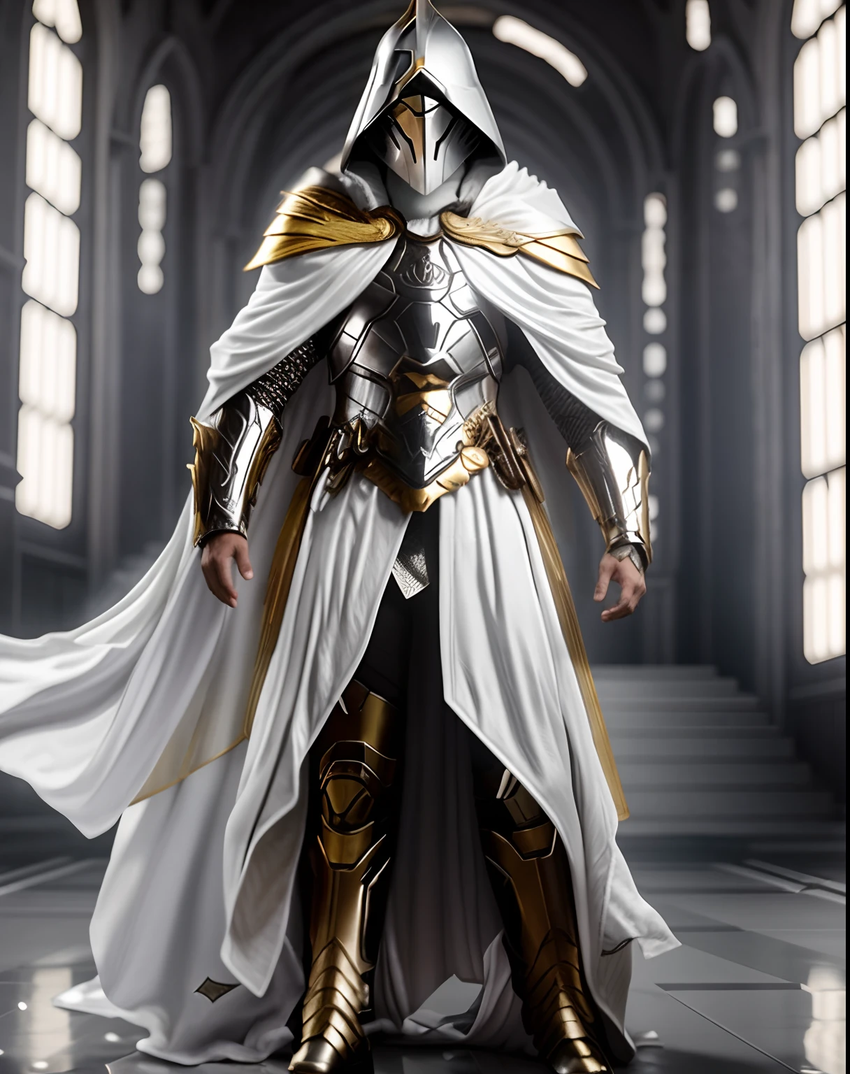 um close up de uma pessoa com um manto branco e um manto branco, flowing robes and leather armor, com armadura prateada elegante, armaduras e vestes, wearing a flowing robe, usando armadura pesada com capa, Tor, da Marvel, Ceifador de Overwatch, com armadura de metal prateado elegante, O Cavaleiro do Cavaleiro Oco, armadura prateada elegante, trending on unreal engine 5, segurando um sabre de luz , Starwars