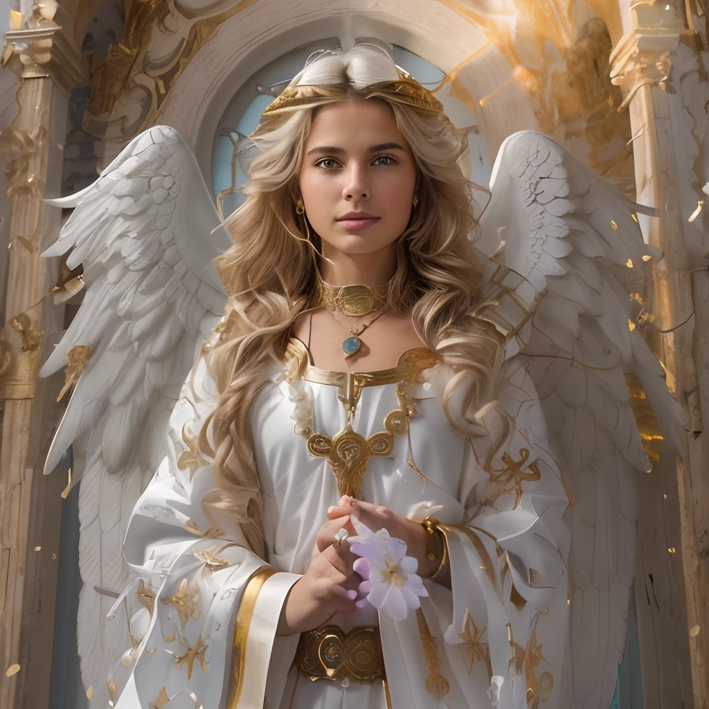 (((SAINT MICHAEL ARCHANGEL. 19 years old))) ((( Con una cara seria y piadosa. Con una mirada dulce y tierna))) (obra maestra, calidad superior, mejor calidad, arte oficial, beautiful and aesthetic: 1.2), (1girl), extremadamente detallado, (Arte fractal: 1.3), colorido, highest detailed, Cara perfecta, parte superior del cuerpo, HDR, (orando: 1.3), (golden lines of white coat: 1.2), galaxia, (rayas de luz), eye-catching visuals, (dynamic stripes, senderos luminosos: 1.2), colores vibrantes,