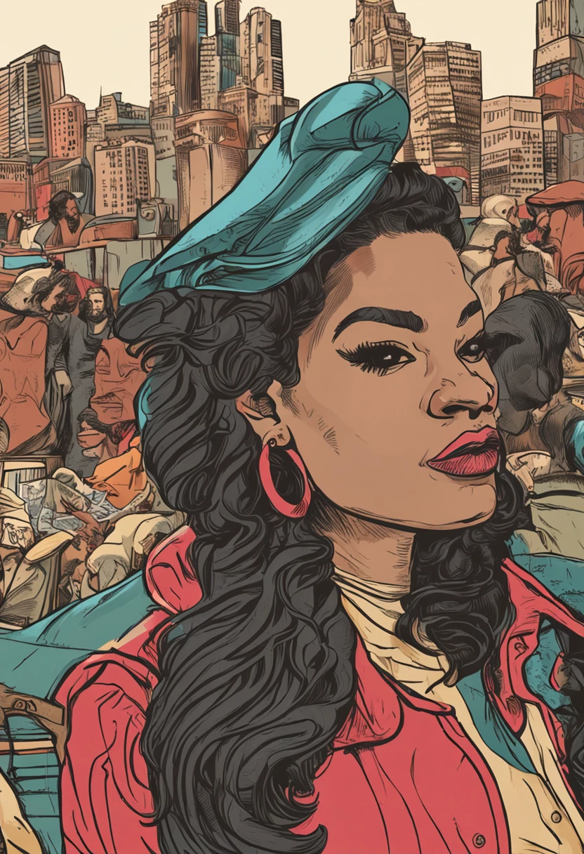uma mulher de cabelo ruivo, roupa de detetive dos anos 60, ela usa um sobretudo preto