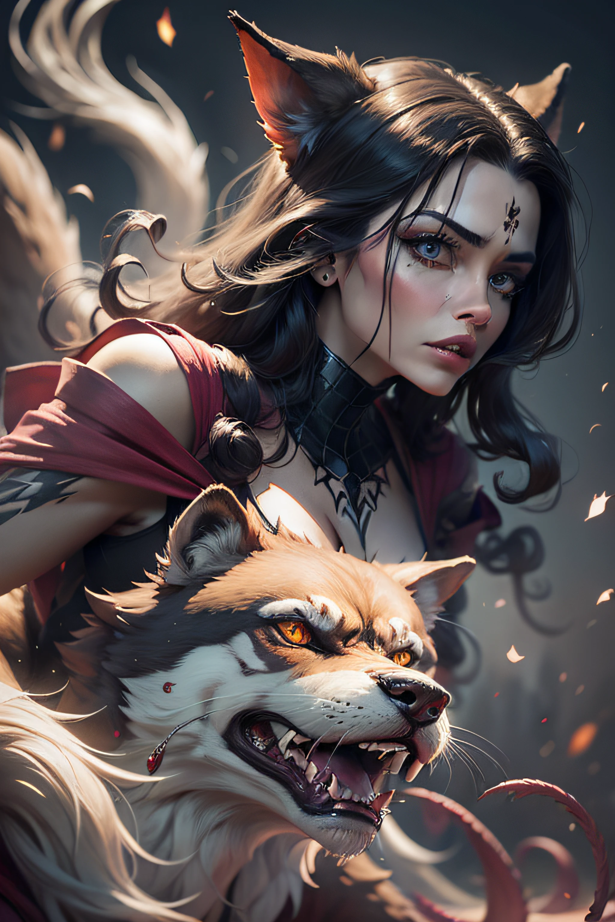 A spider woman dressed in red with elegant clothes and a werewolf dressed in brown together in a battle with the werewolf, Mystical symbols, High definition faces, magical fantasy style by Ricky Carralero, Cara hiper detallada, fotorrealista, Amazing composition, profundidad asombrosa, imponente, meticulosamente compuesto, Arte conceptual de 16k