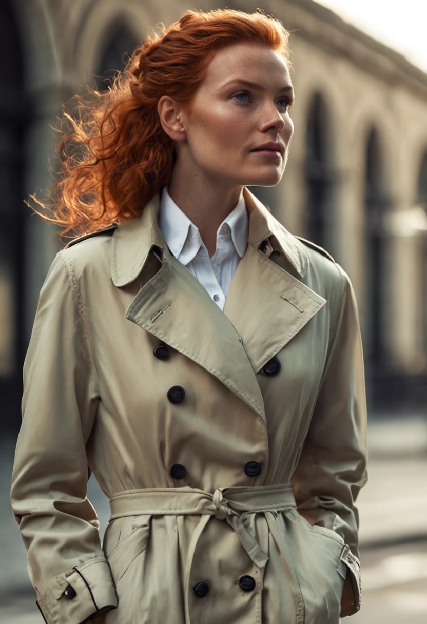 Long, wavy red hair pulled back in a low bun Light green eyes Fair skin with freckles across her face Wears a classic tan trench coat over a white button-down shirt and black trousers Black oxford shoes Always wears a silver watch and small earrings