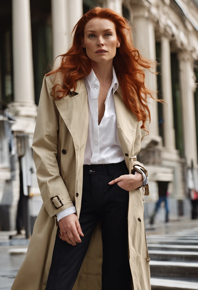 Long, wavy red hair pulled back in a low bun Light green eyes Fair skin with freckles across her face Wears a classic tan trench coat over a white button-down shirt and black trousers Black oxford shoes Always wears a silver watch and small earrings