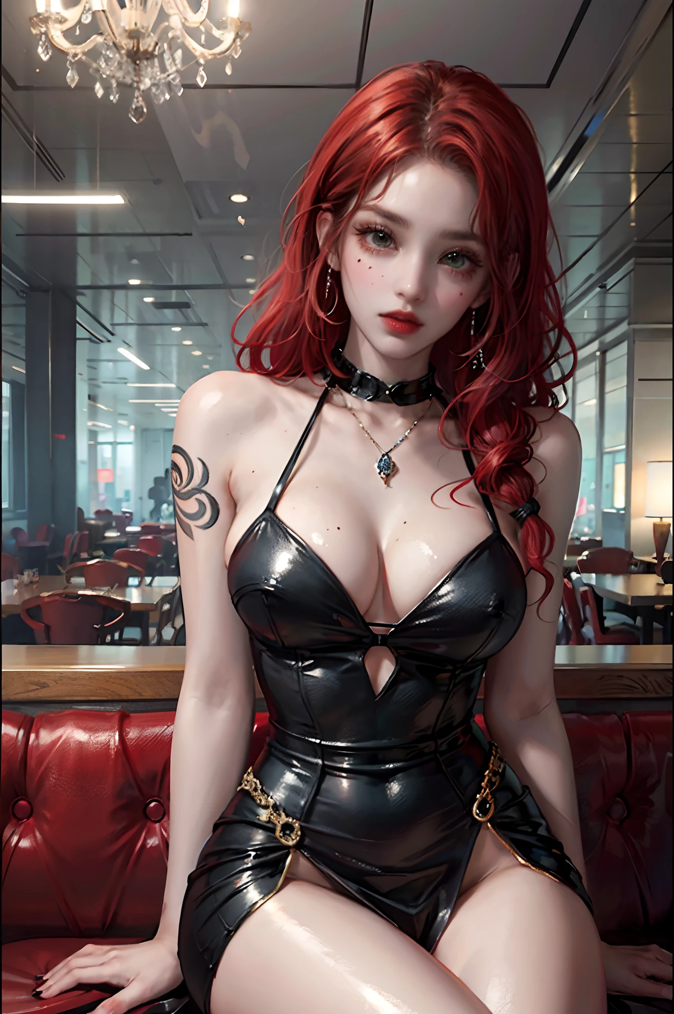 (8k, RAW photo, best quality, masterpiece:1.2), ultra-detailed, perfect detail , looking at viewer, make up, seductive, shamefaced, (young:1.2),((20 year old)), beautiful face, beautiful eyes, (((perfect female body, narrow waist))), red hair, asian appearance, hourglass figure, green eyes, beautiful appearance, red silk dress, puffy lips, black heels, in the restaurant, wavy hair, light makeup, mole under the lip, tattoo on the shoulder