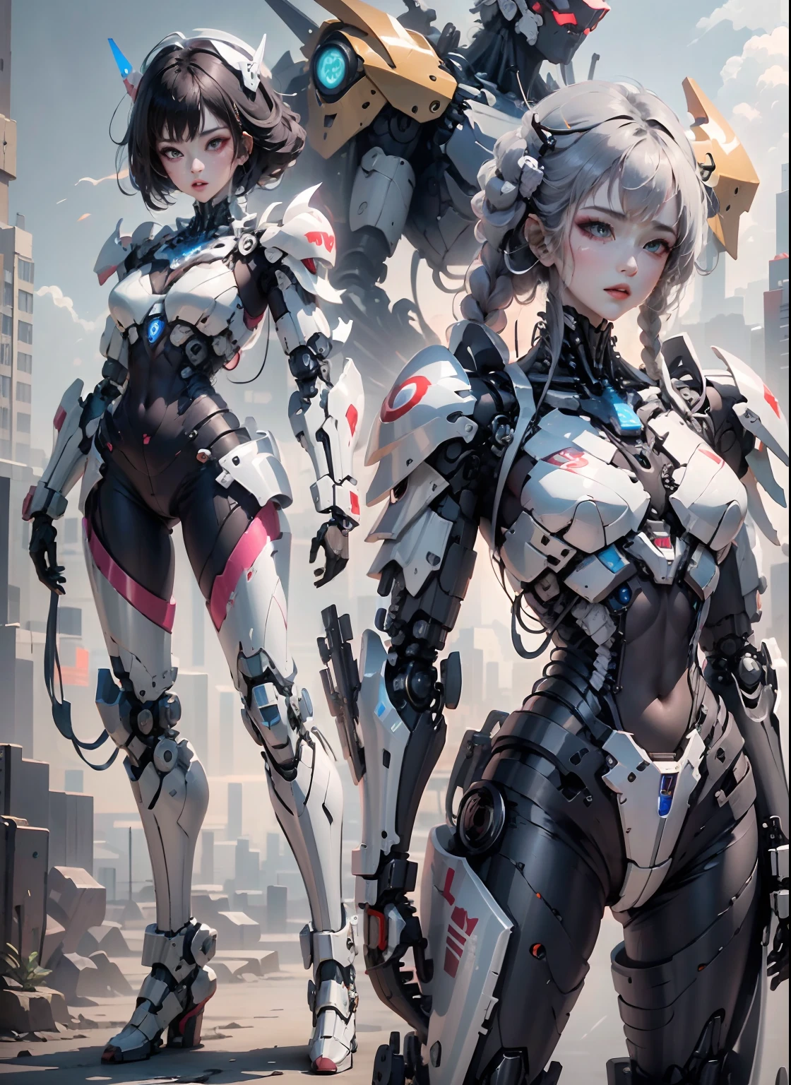 (highly detailed:1.5), (8k), futuristic mecha girl on the cover of a neon-lit science fiction magazine, style (cyberpunk:1.3), wearing an elegant battle suit with bright details, posing sensually, (bold typography:1.2), dynamic composition, vibrant colors, (Akira style:1.1), (inspired by Hajime Sorayama:1.2), full body, details in red, yellow, blue, white, combat position, detailed bikini, futuristic detailed kaneda bike, red hair with braids,