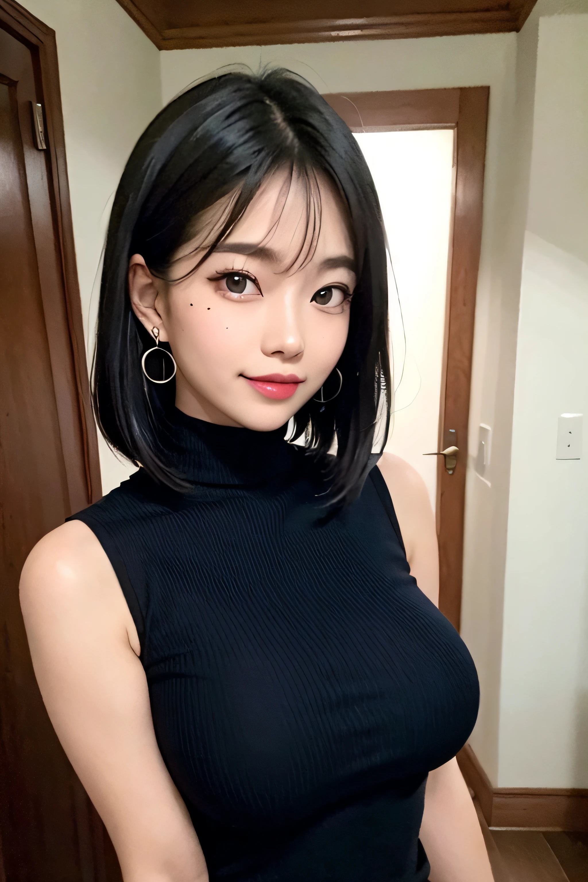 black hair, hair bobbles, longeyelashes, solid circle eyes, light smile, mole under eye, heart earrings, light smile, shy, puckered lips, Surrealism, drop shadow, stereogram, pov, atmospheric perspective, depth of field, first-person view, f/1.8, 8k, super detail, ccurate, best quality, highres, best quality,full body