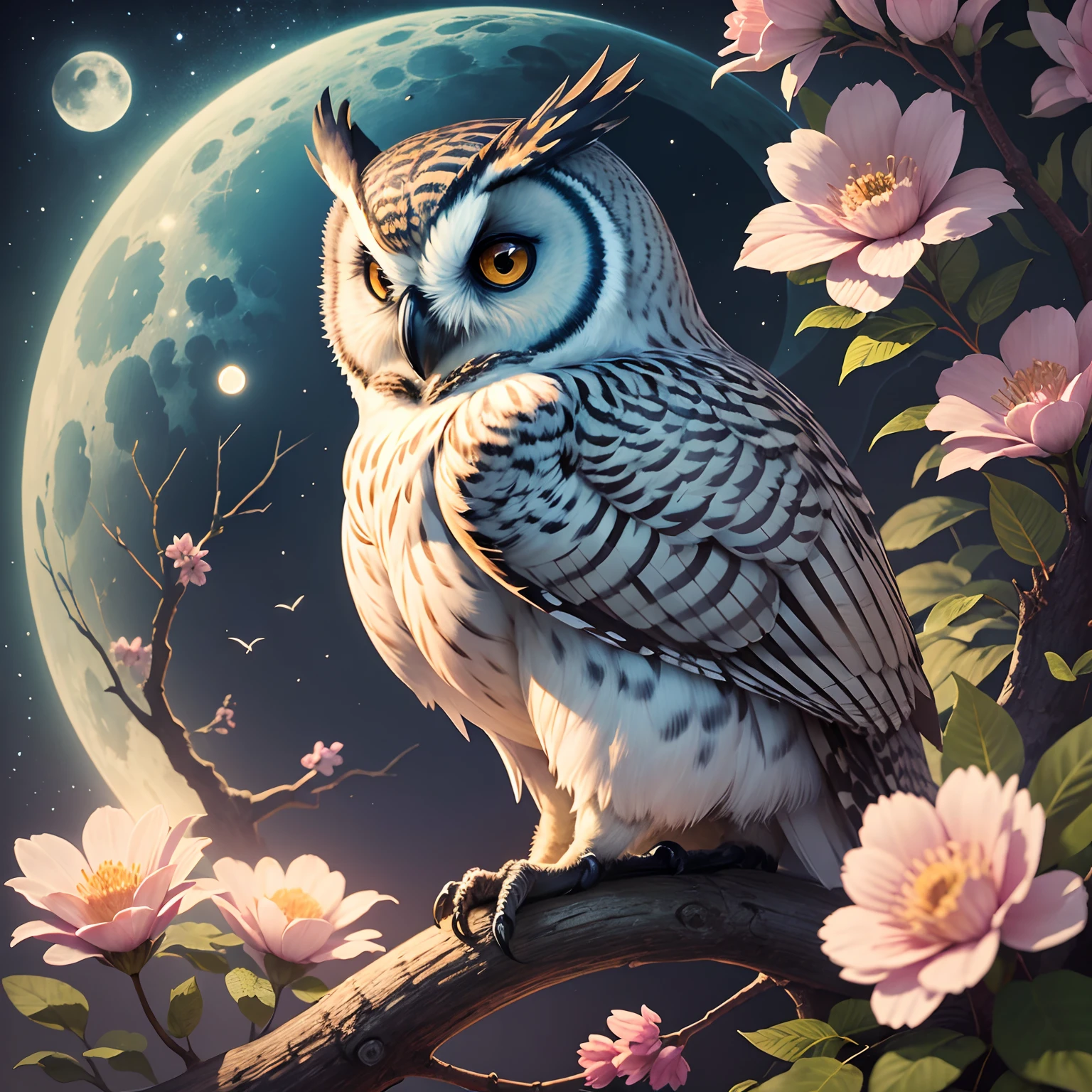 (((masterpiece))), bestquality, illustration, beautifuldetailedglow, paper_cut, owl, tree, moon,