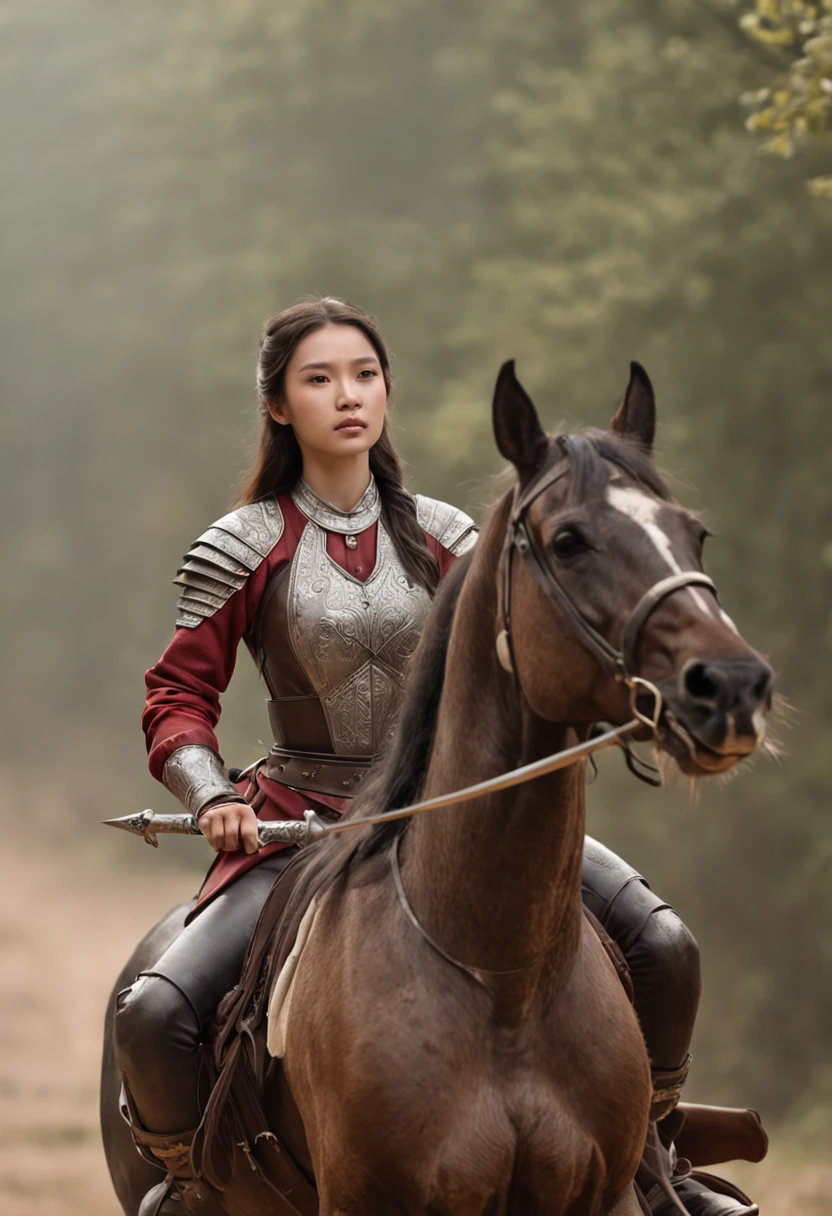 colors, fog, amazing lighting, Award winning realistic photo, an 18 year old sexy girl, Ancient style, real face, full body, Distant view, Riding horse, holding the ancient weapon silver lance, grassland, galloping horse, full body --s 500
